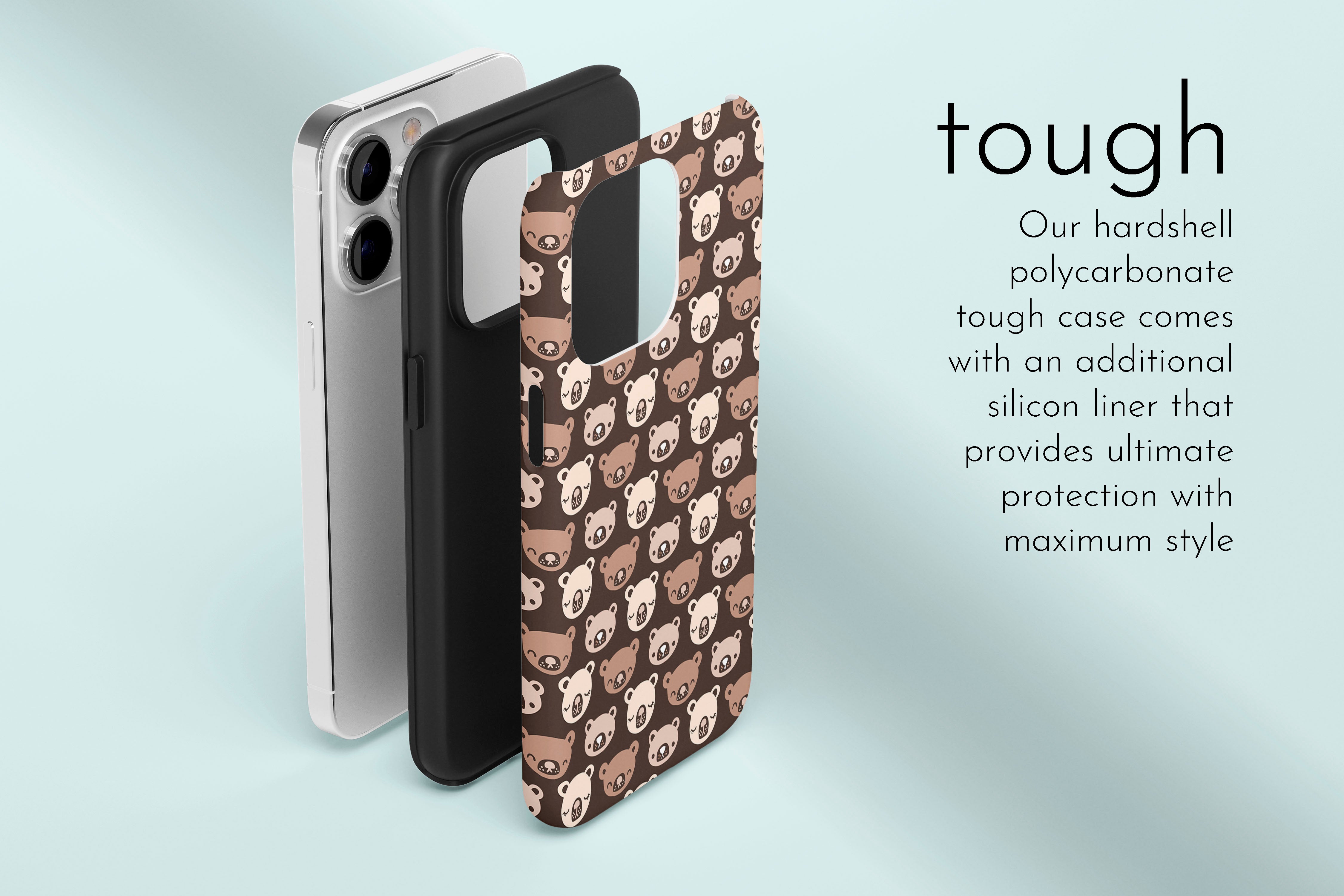 A graphic illustration of our Cute Bear design describing the main features of our tough type phone case