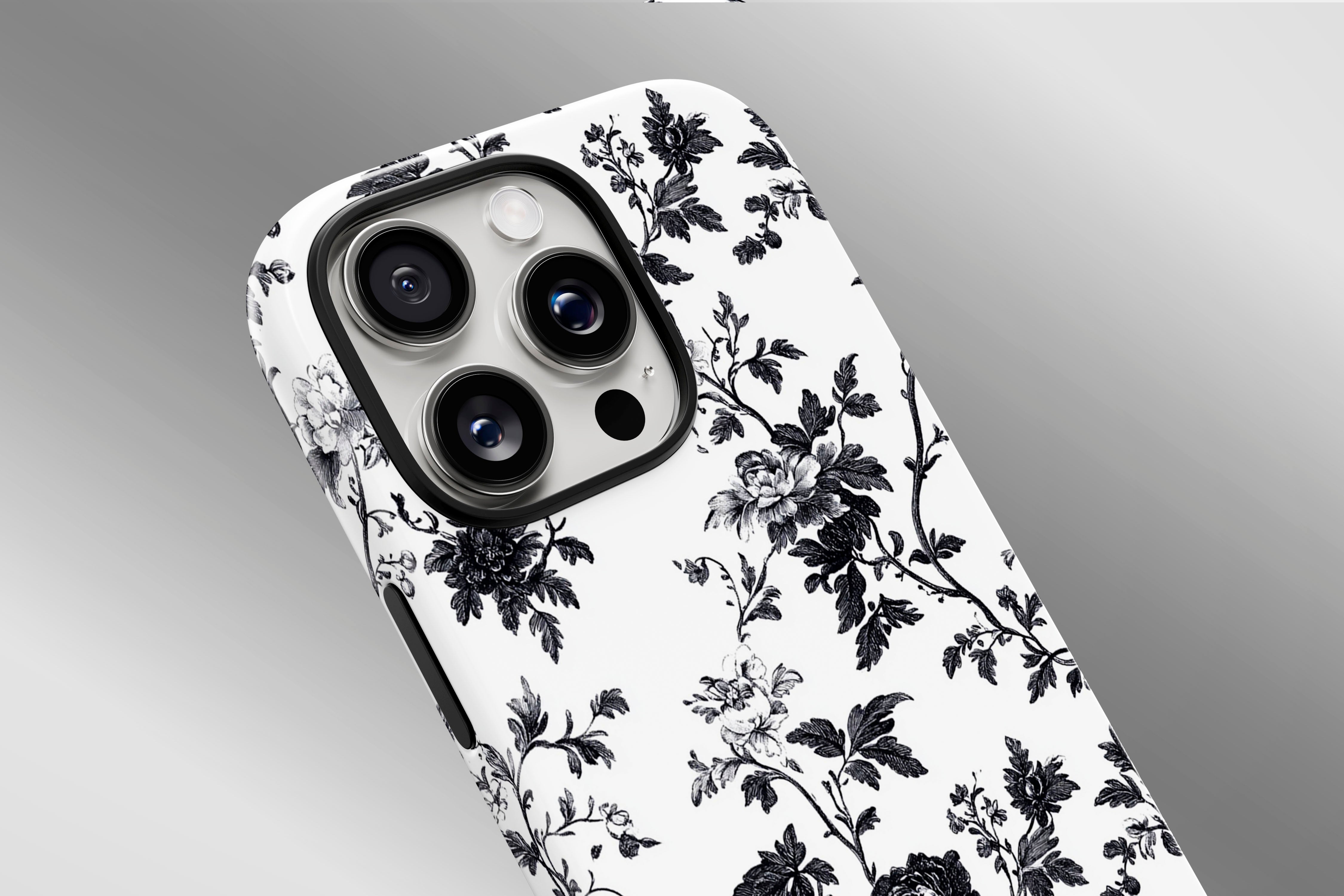 A close up image of a phone case featuring our Dark Rose design