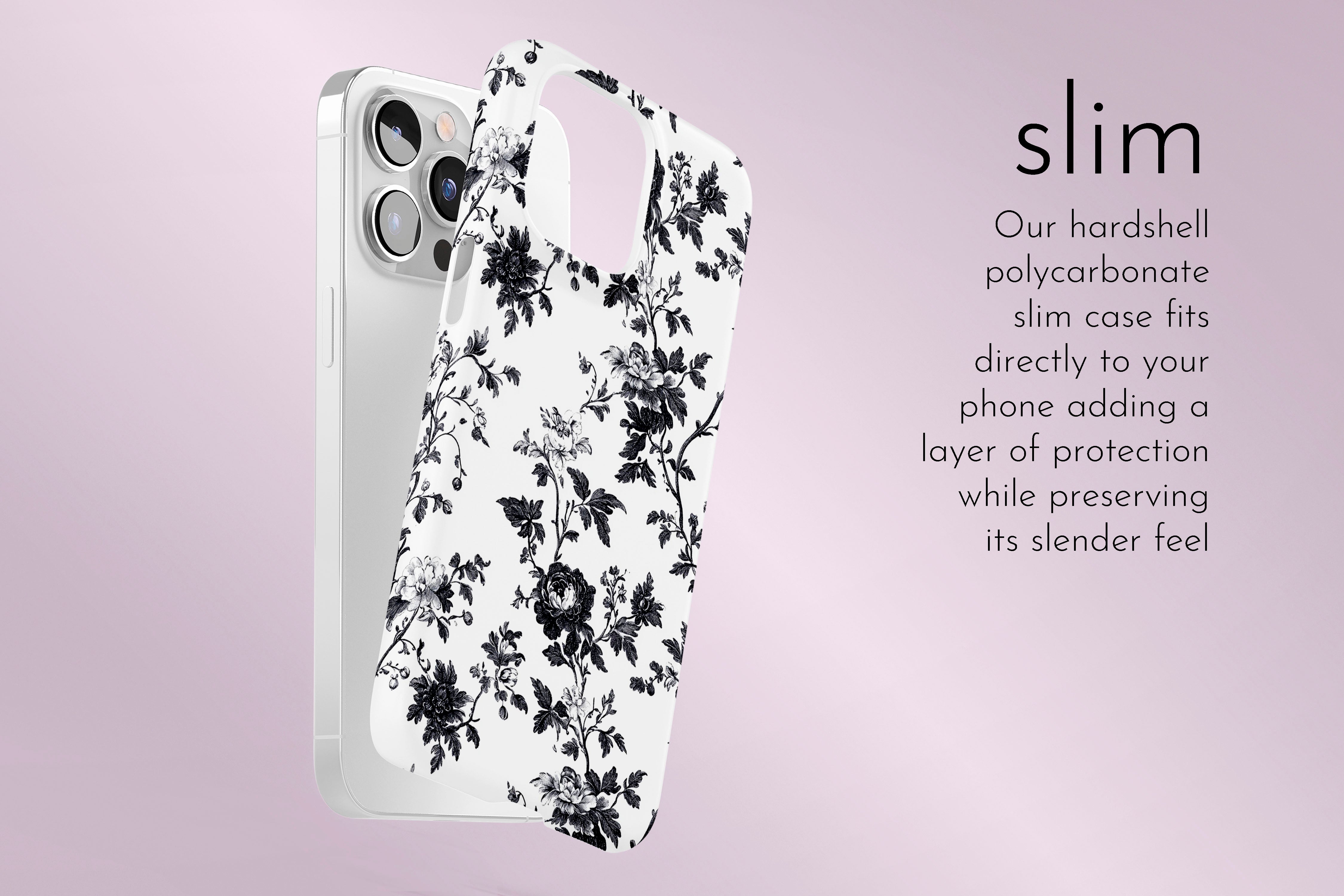 A graphic illustration of our Dark Rose design describing the main features of our slim type phone case