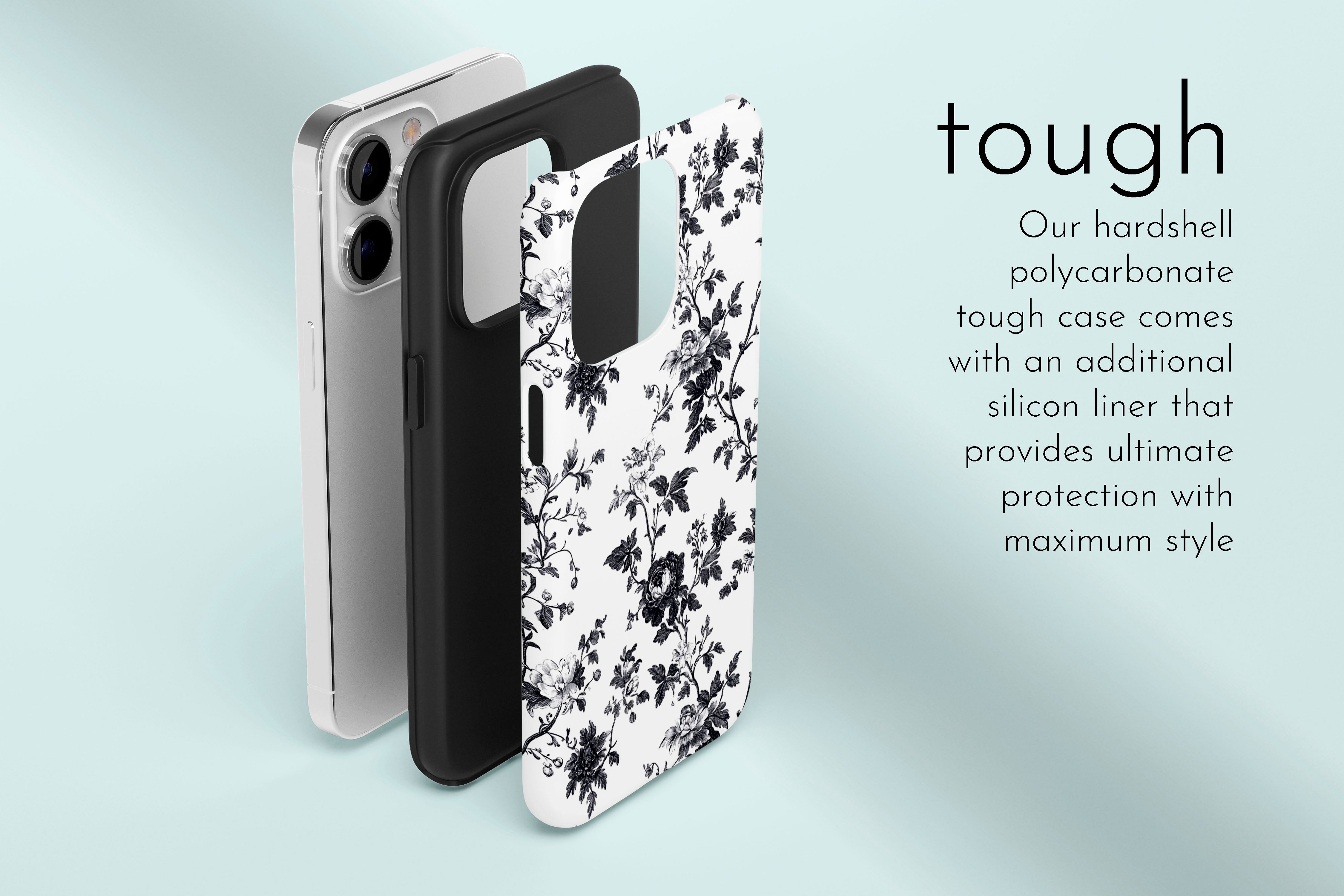 A graphic illustration of our Dark Rose design describing the main features of our tough type phone case