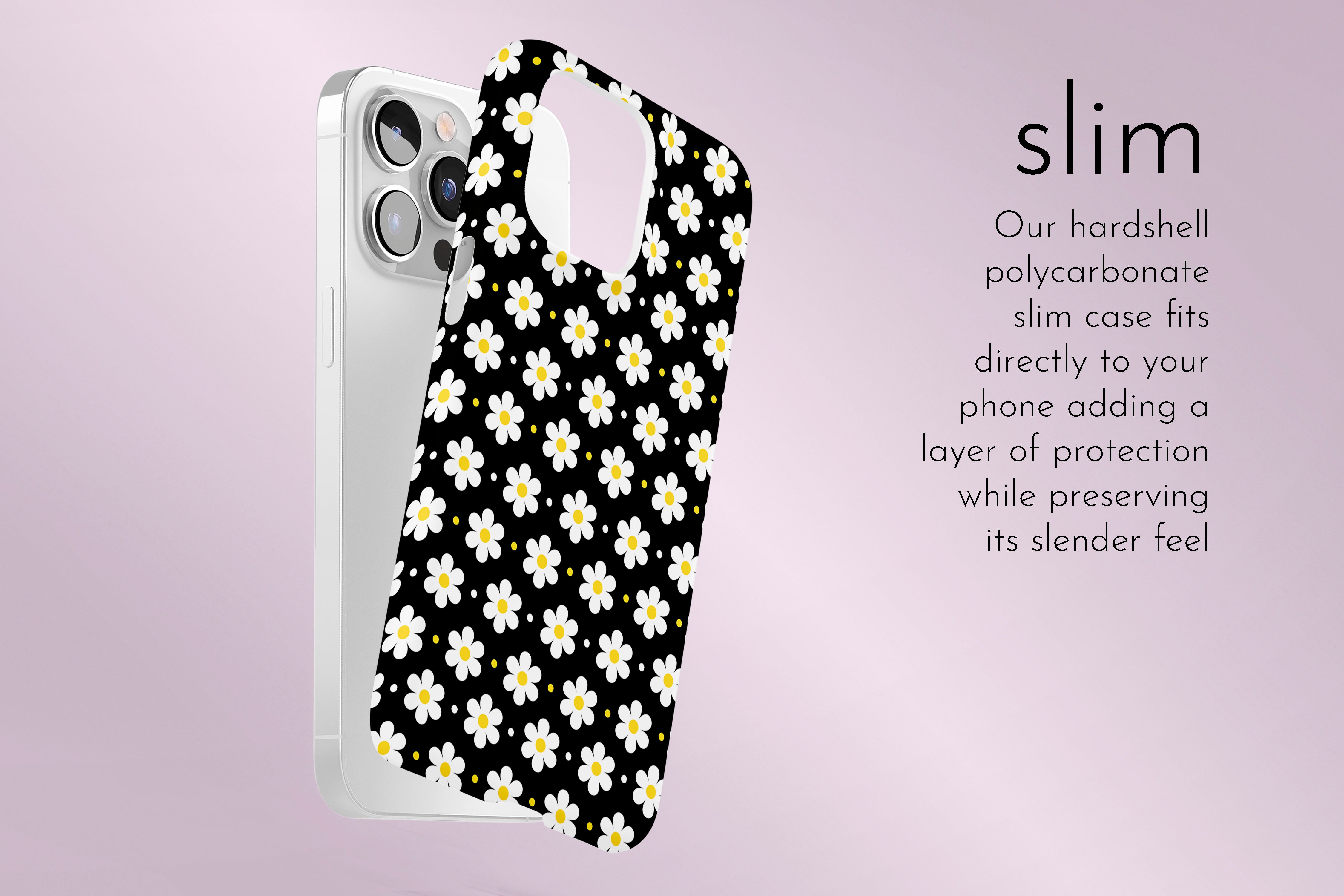 A graphic illustration of our Ditsy Daisy design describing the main features of our slim type phone case