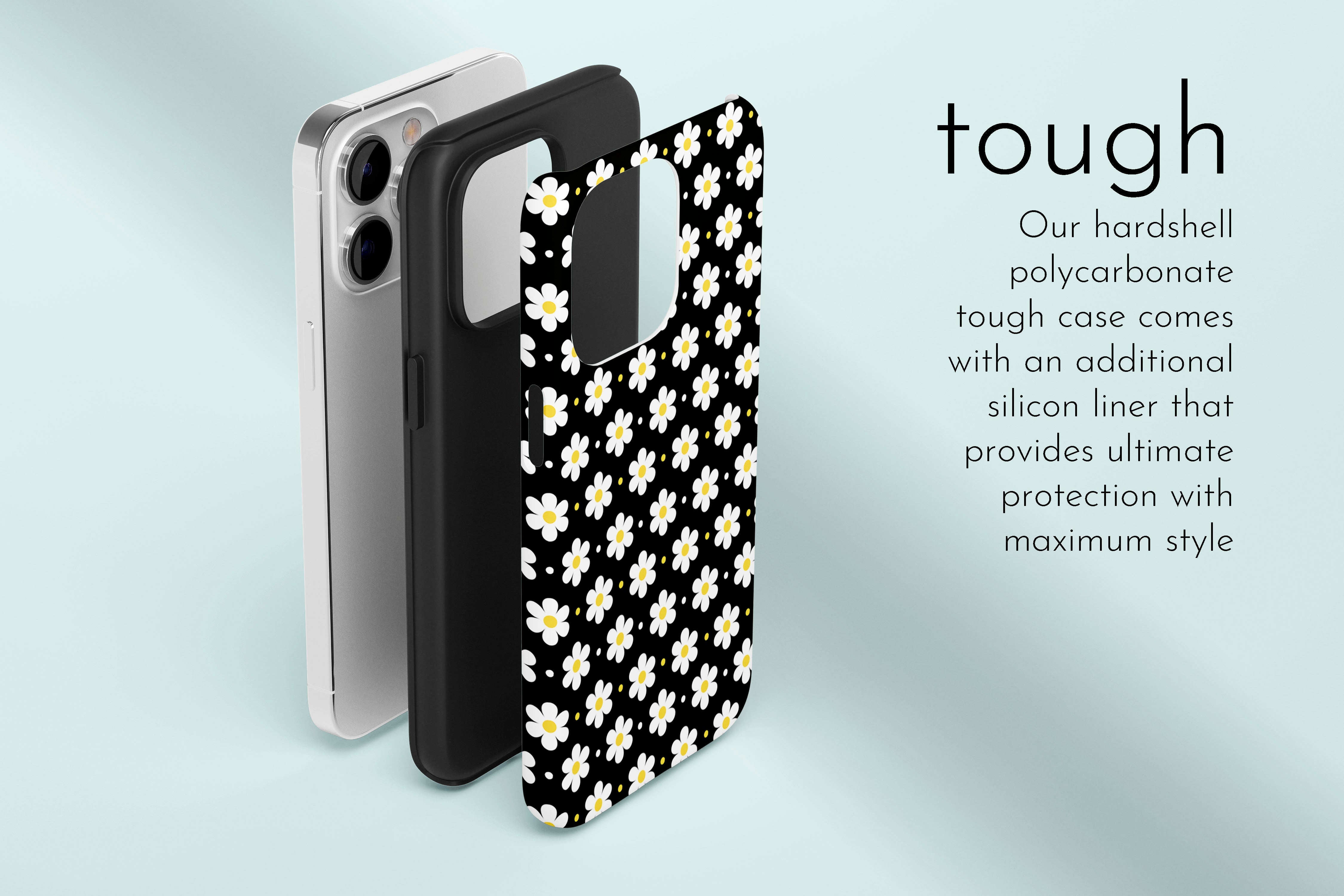 A graphic illustration of our Ditsy Daisy design describing the main features of our tough type phone case