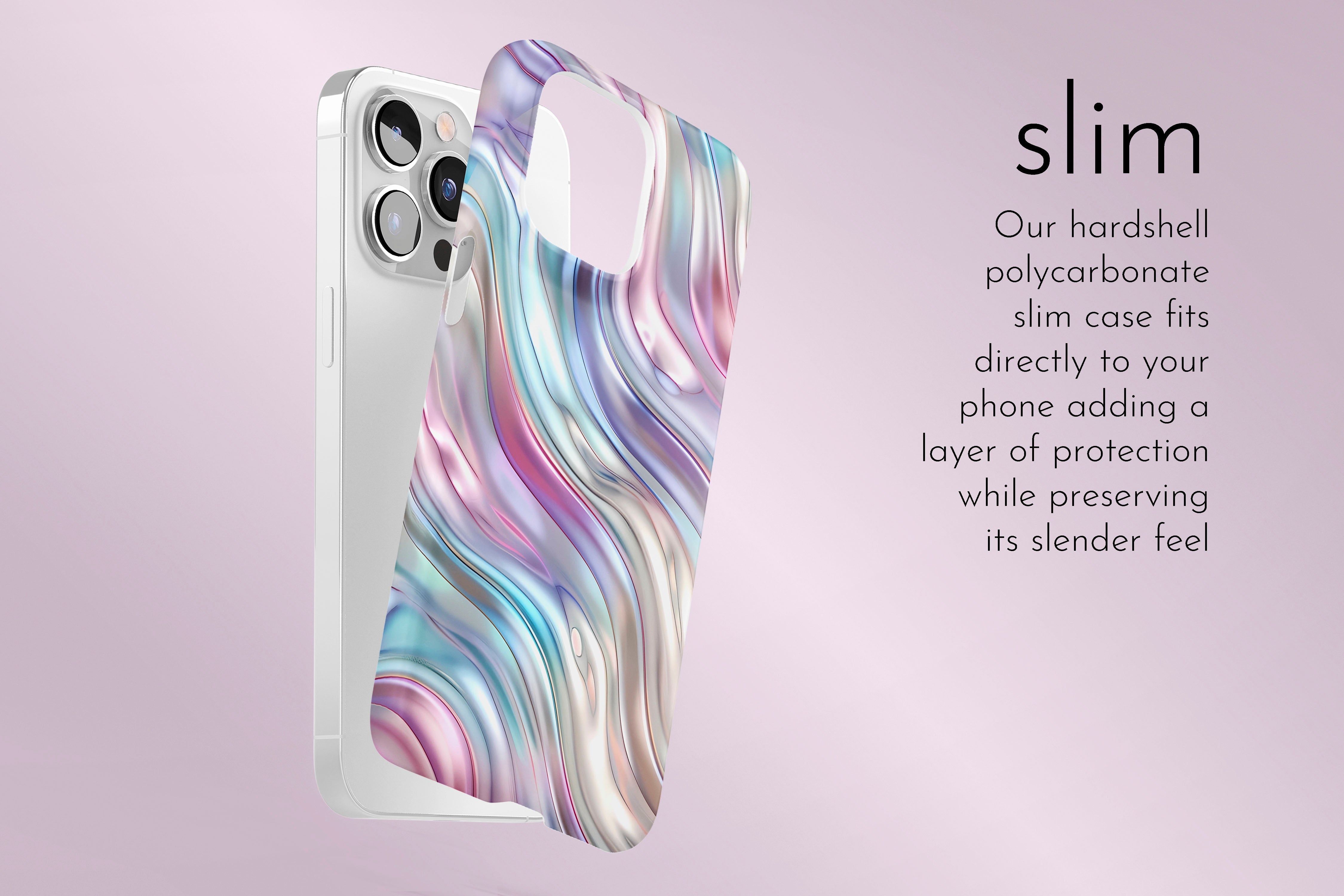 A graphic illustration of our Dreamy Weaver design describing the main features of our slim type phone case
