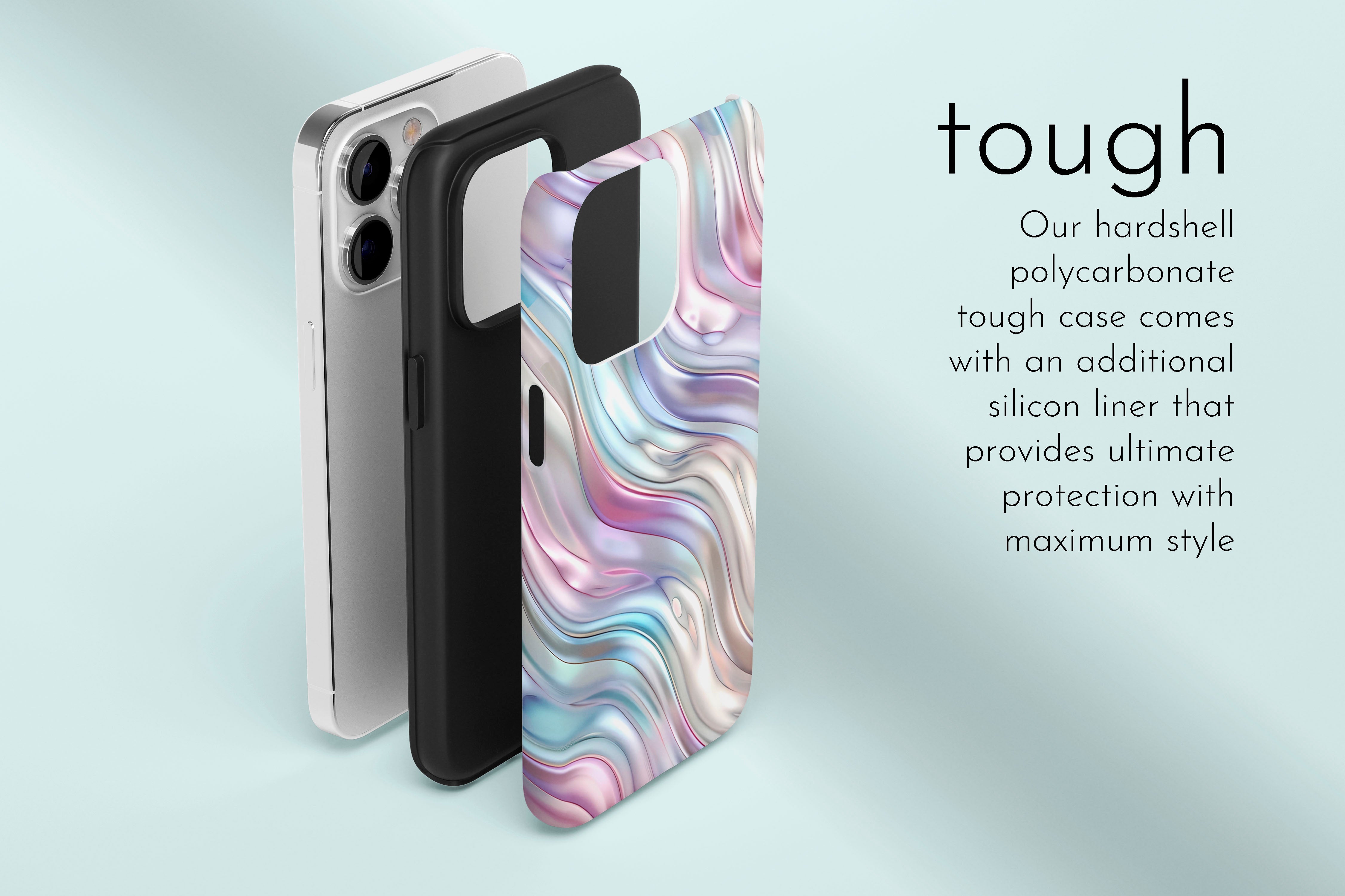 A graphic illustration of our Dreamy Weaver design describing the main features of our tough type phone case