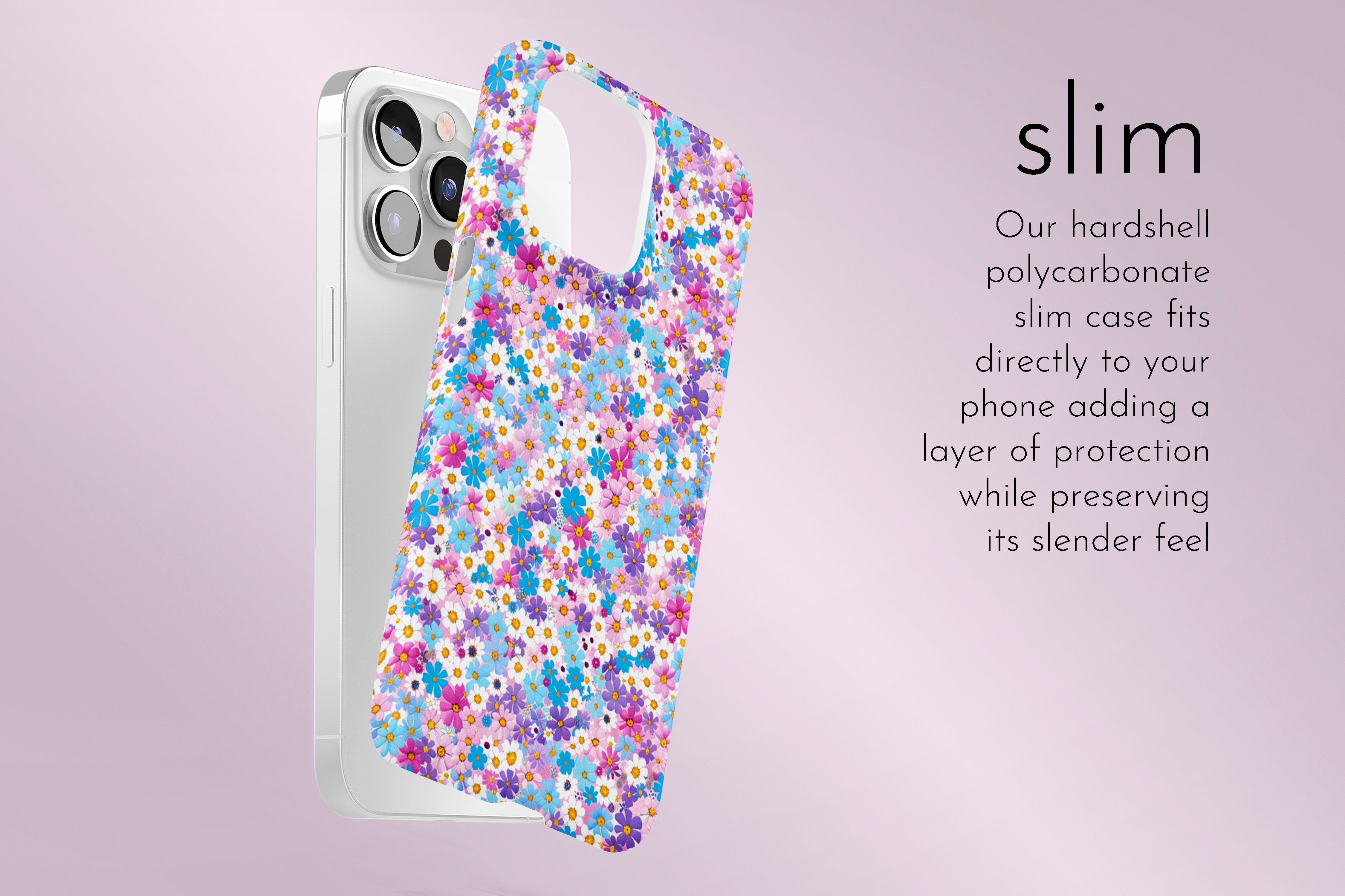 A graphic illustration of our Duke Daisy design describing the main features of our slim type phone case