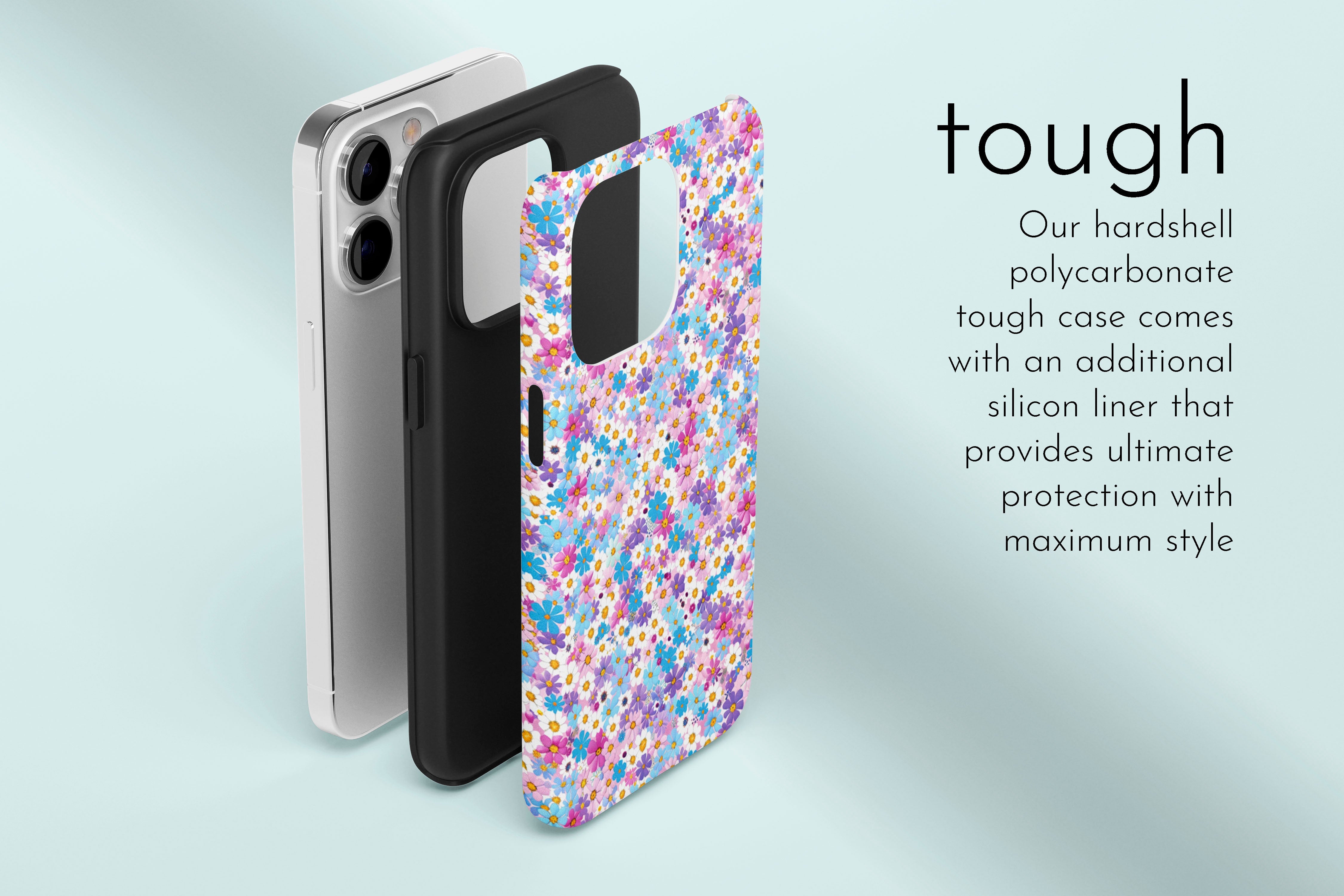 A graphic illustration of our Duke Daisy design describing the main features of our tough type phone case