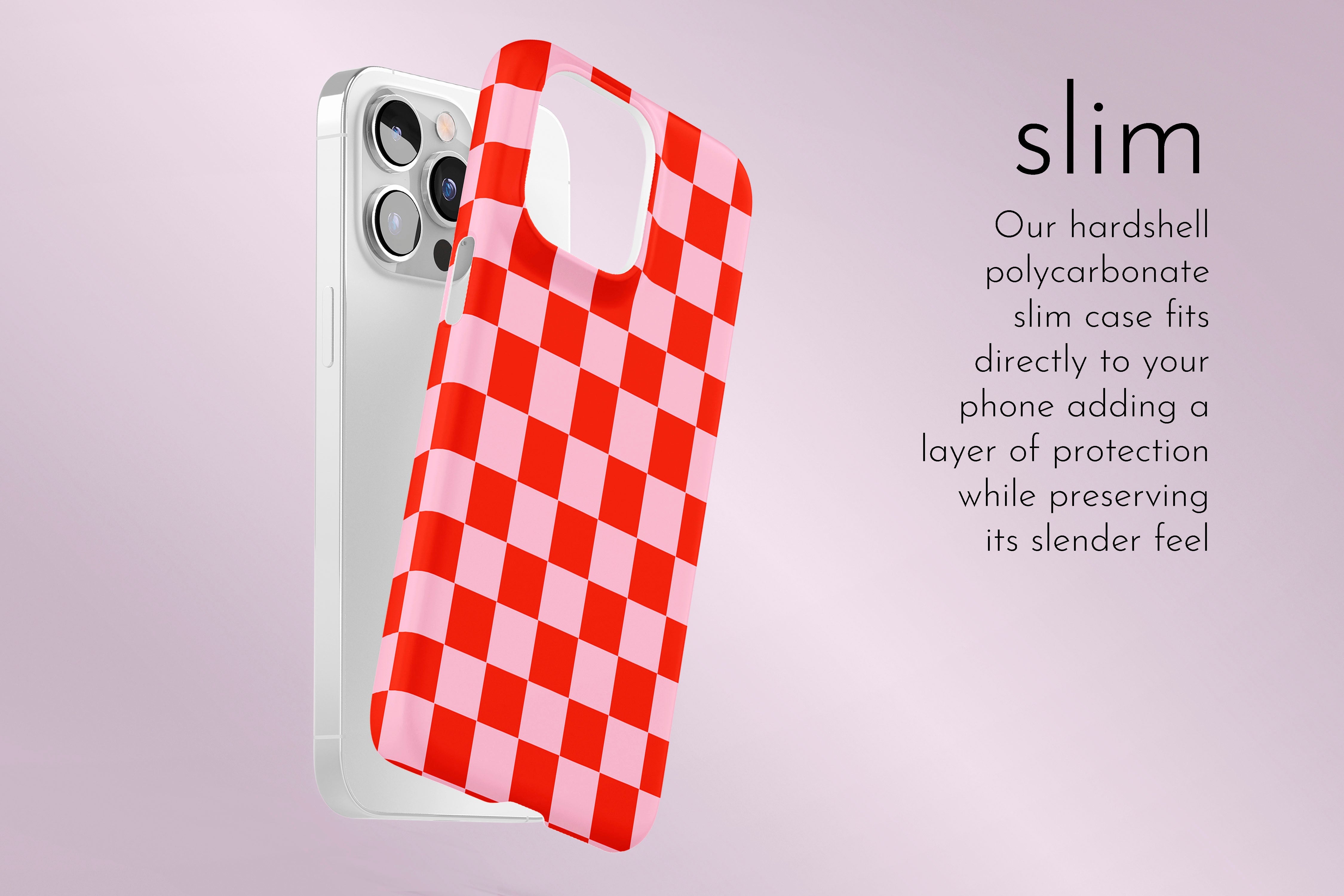 A graphic illustration of our Fit Check design describing the main features of our slim type phone case