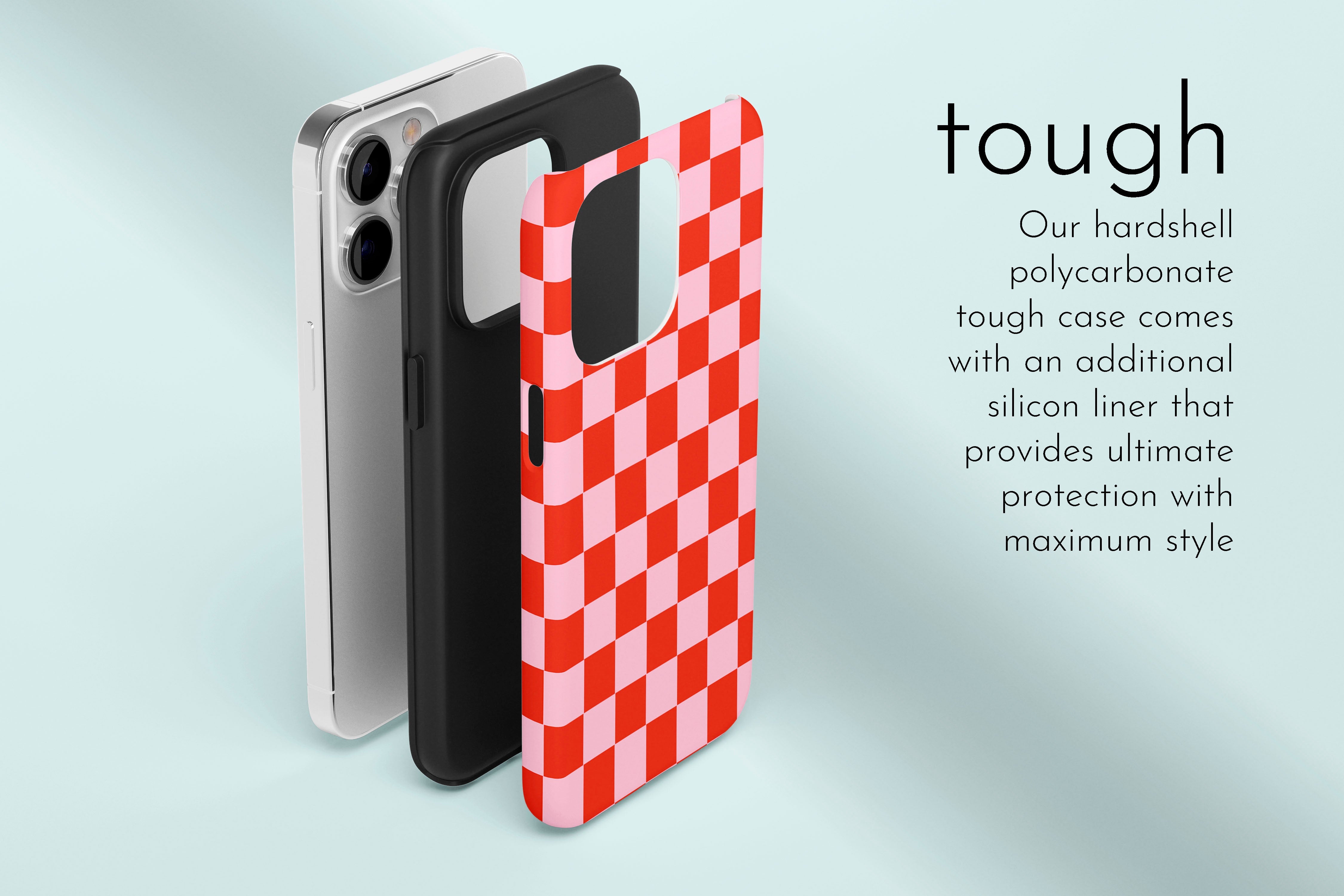 A graphic illustration of our Fit Check design describing the main features of our tough type phone case