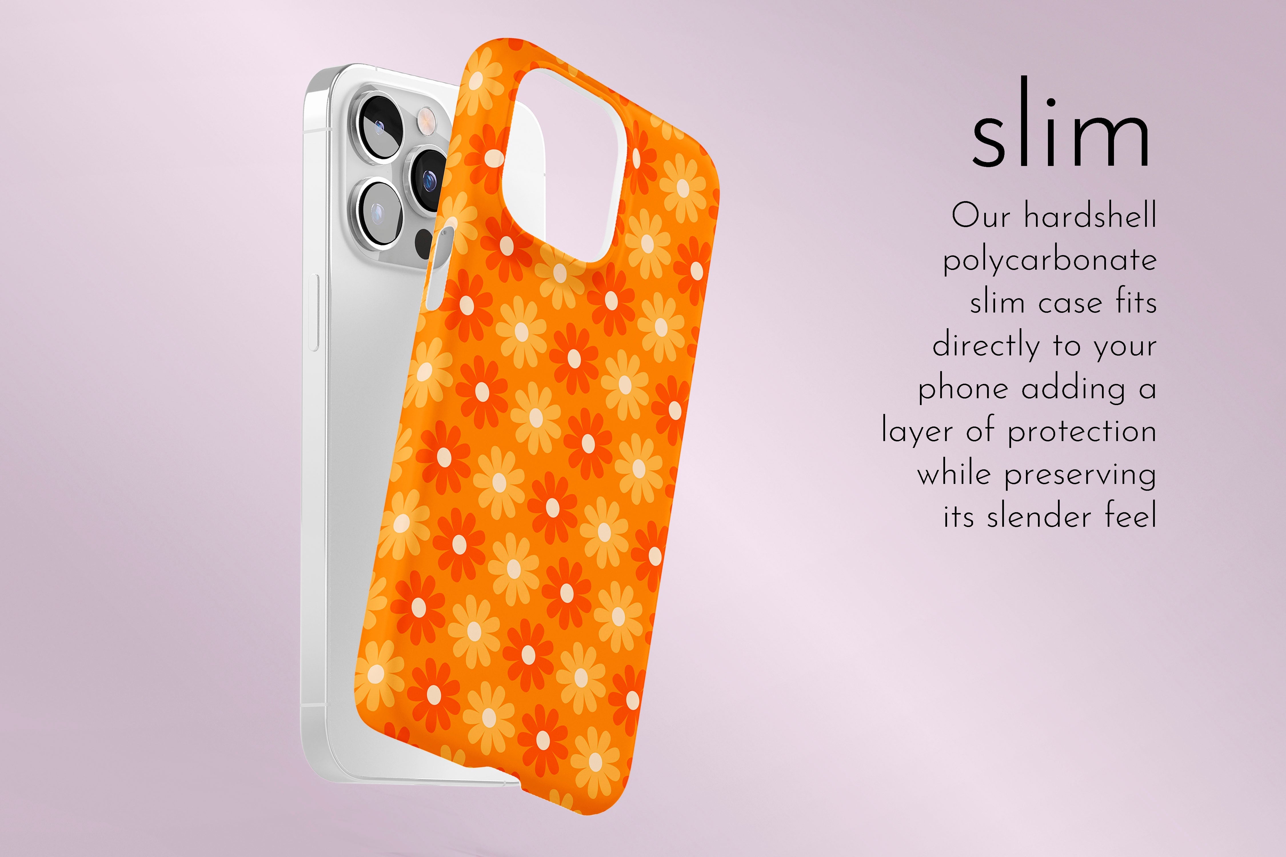A graphic illustration of our Flaming Daisy design describing the main features of our slim type phone case