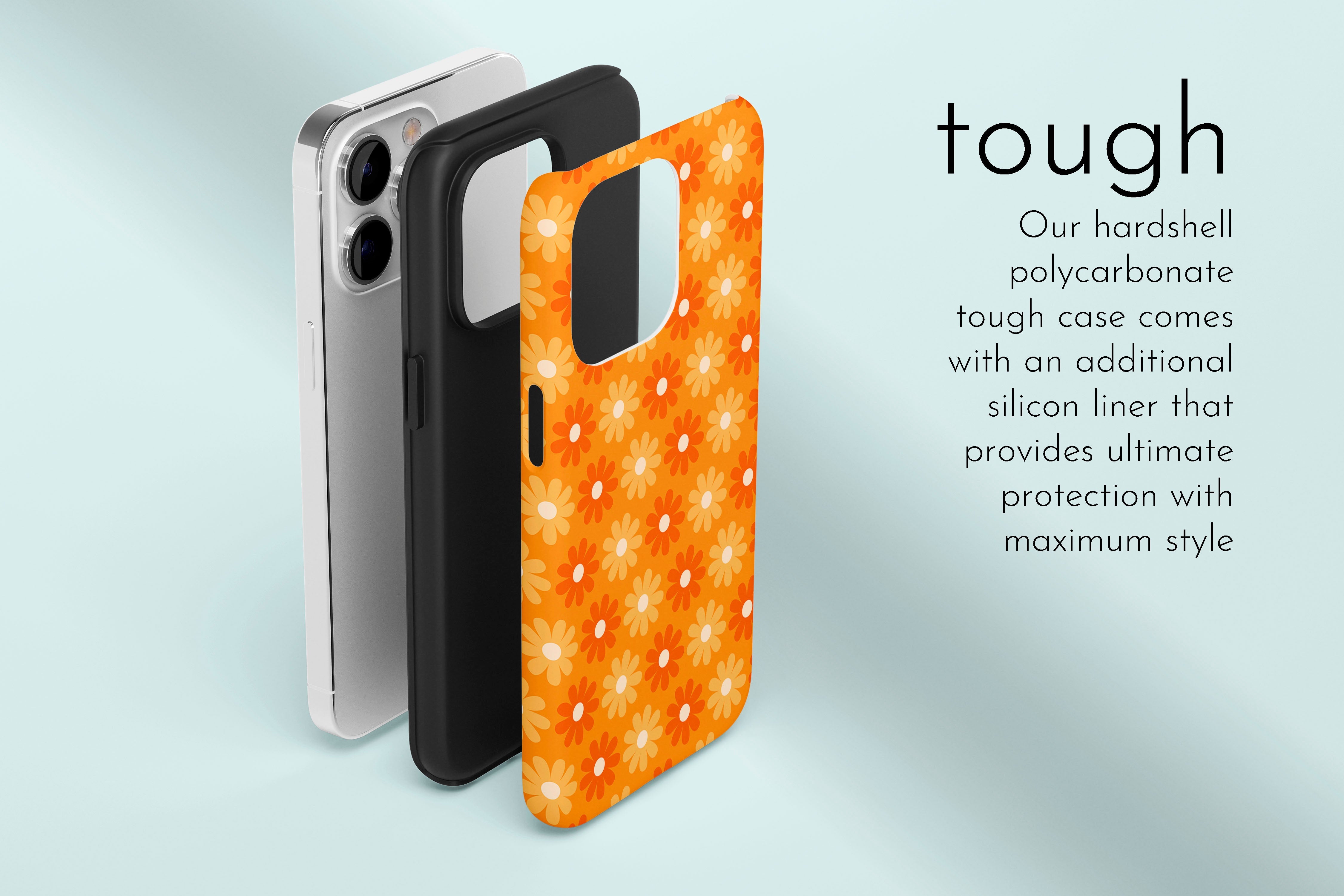 A graphic illustration of our Flaming Daisy design describing the main features of our tough type phone case