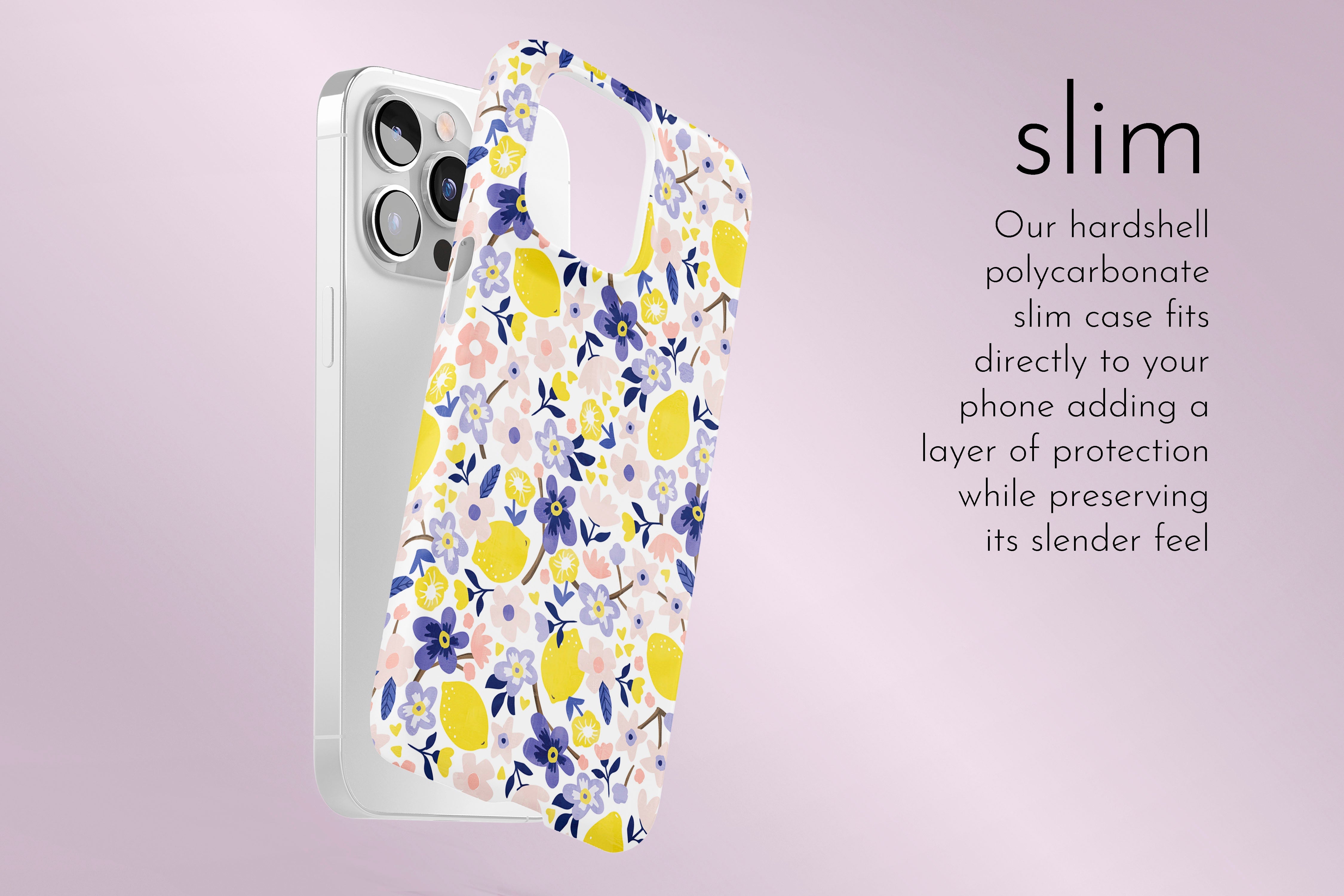 A graphic illustration of our Flora Lemon design describing the main features of our slim type phone case