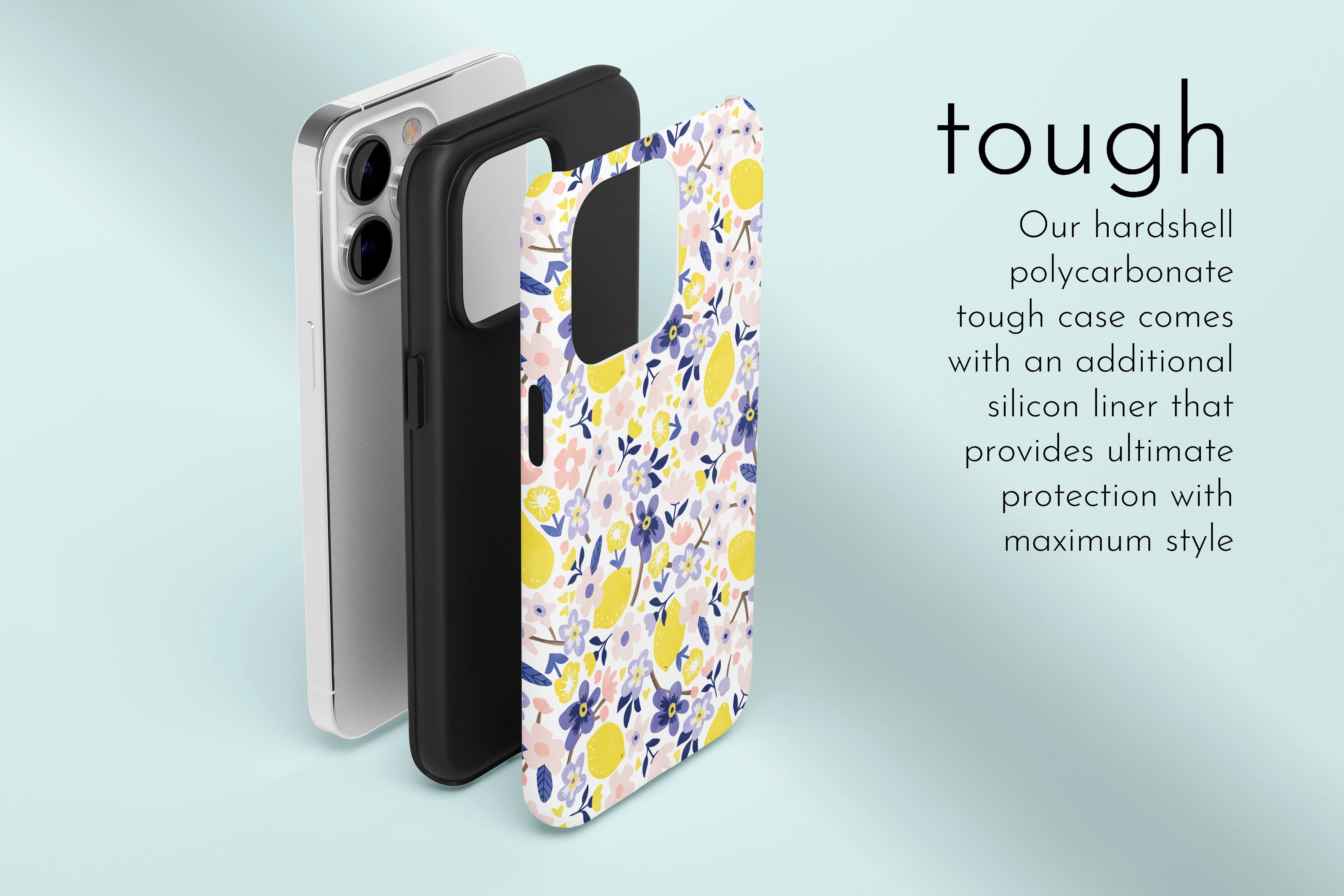 A graphic illustration of our Flora Lemon design describing the main features of our tough type phone case