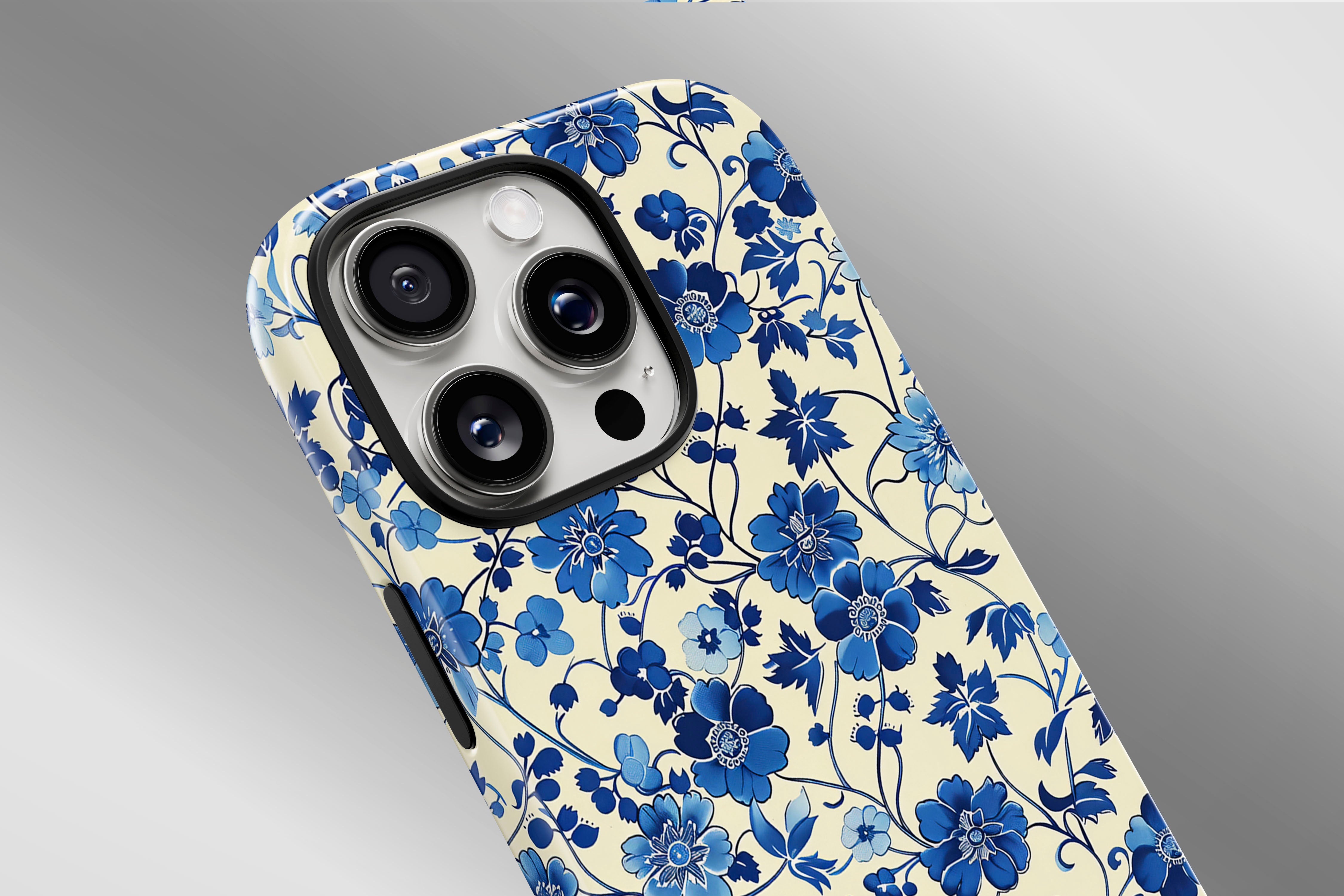 A close up image of a phone case featuring our Floral Blues design