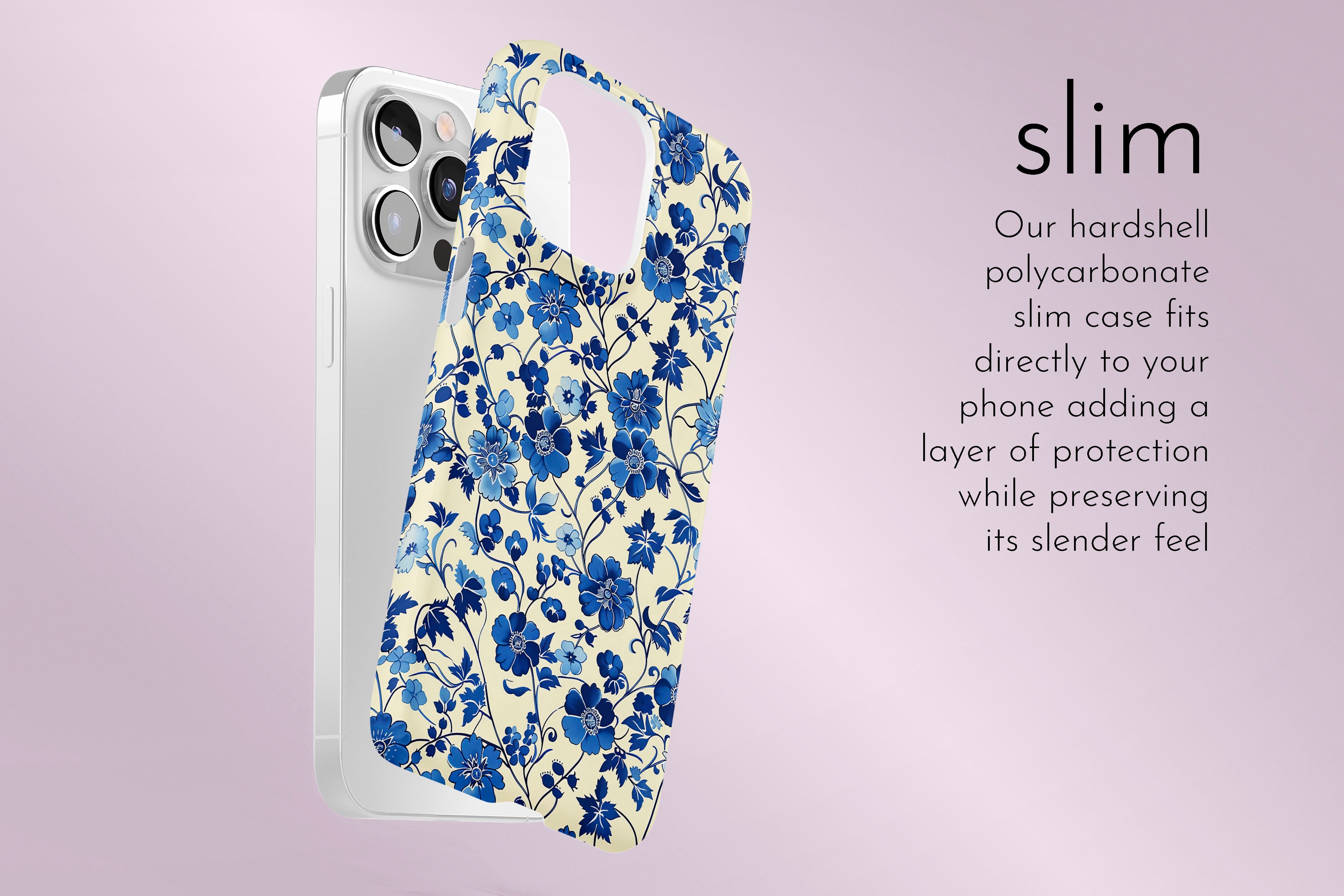 A graphic illustration of our Floral Blues design describing the main features of our slim type phone case