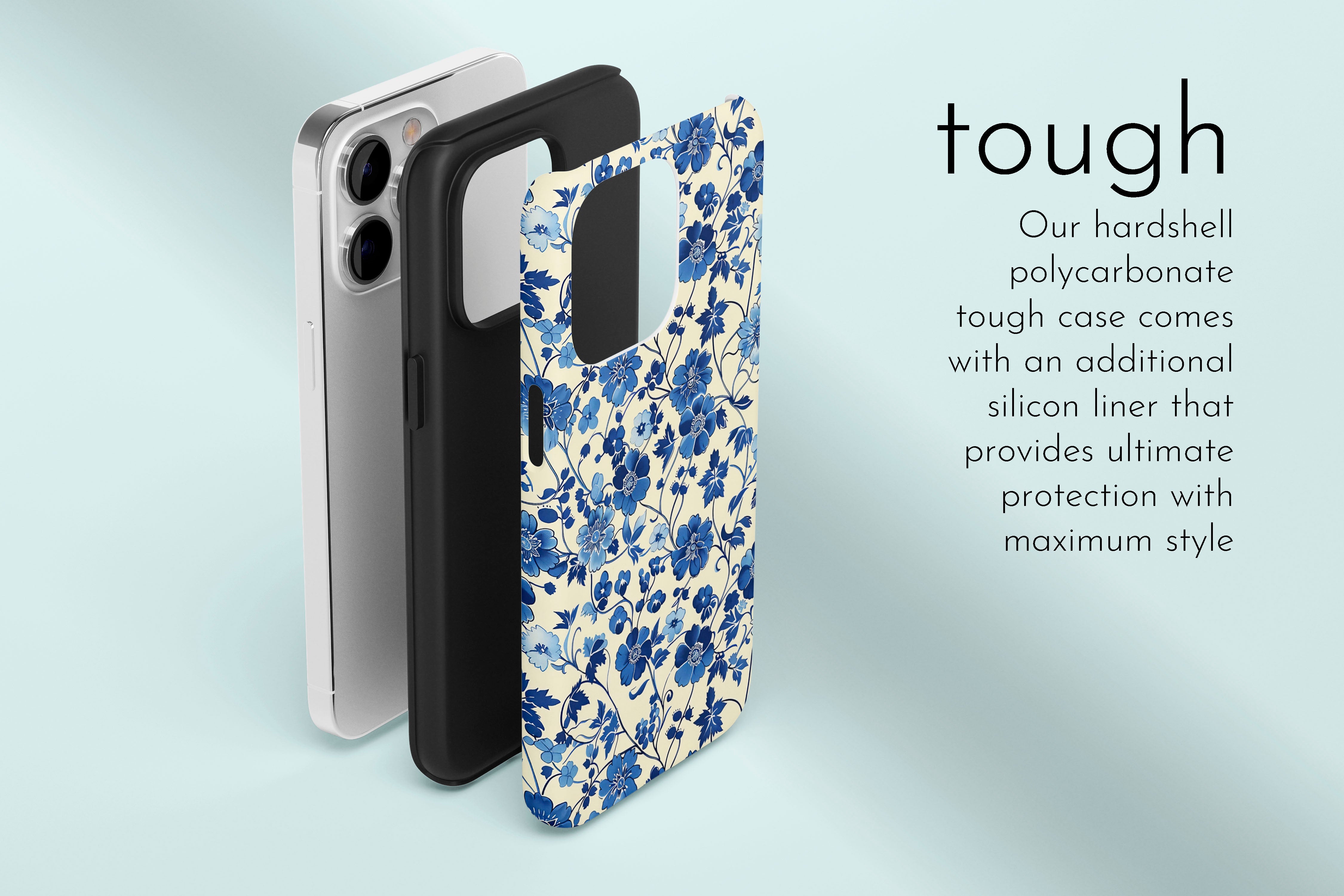 A graphic illustration of our Floral Blues design describing the main features of our tough type phone case