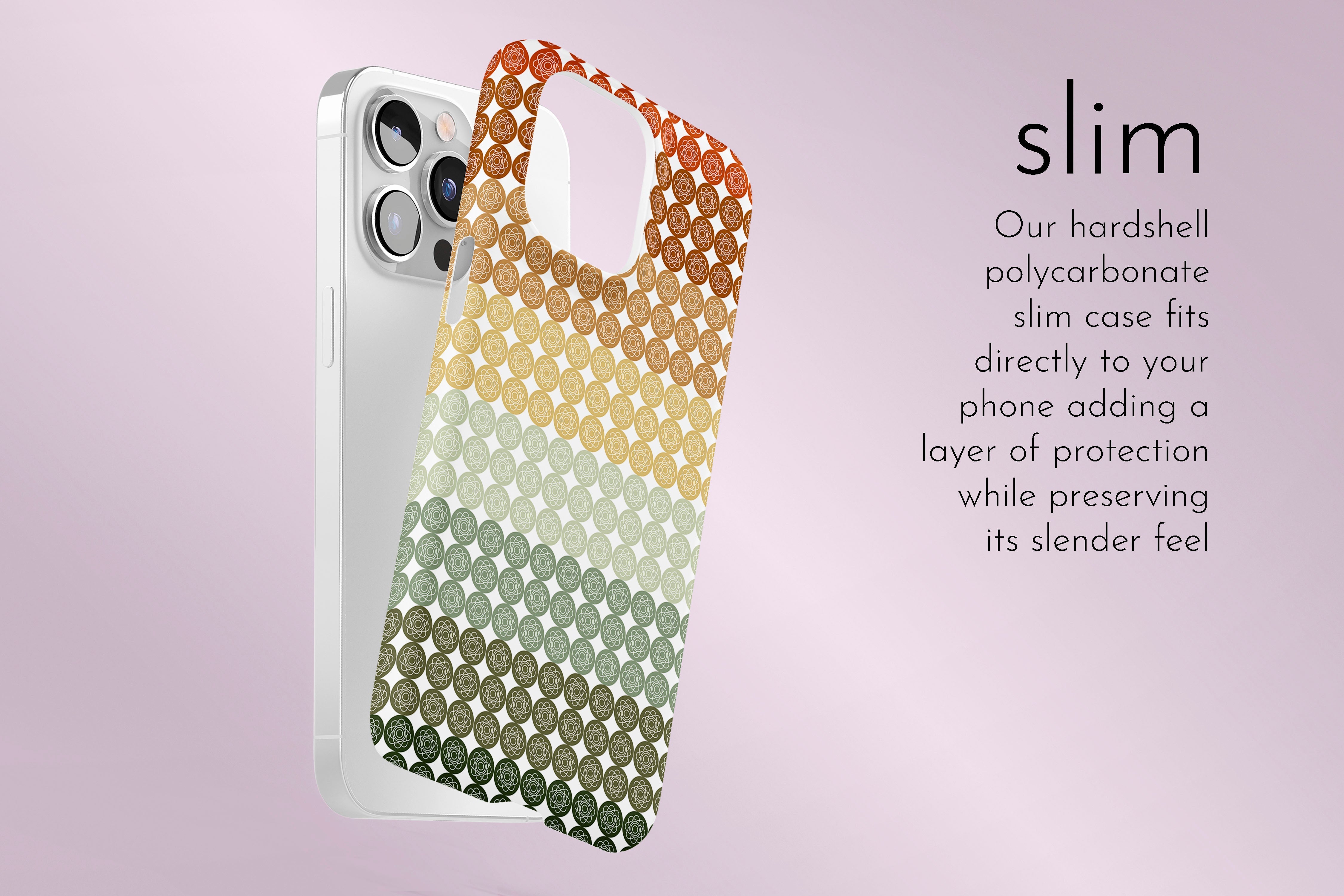 A graphic illustration of our Gradient Floral Stripe design describing the main features of our slim type phone case