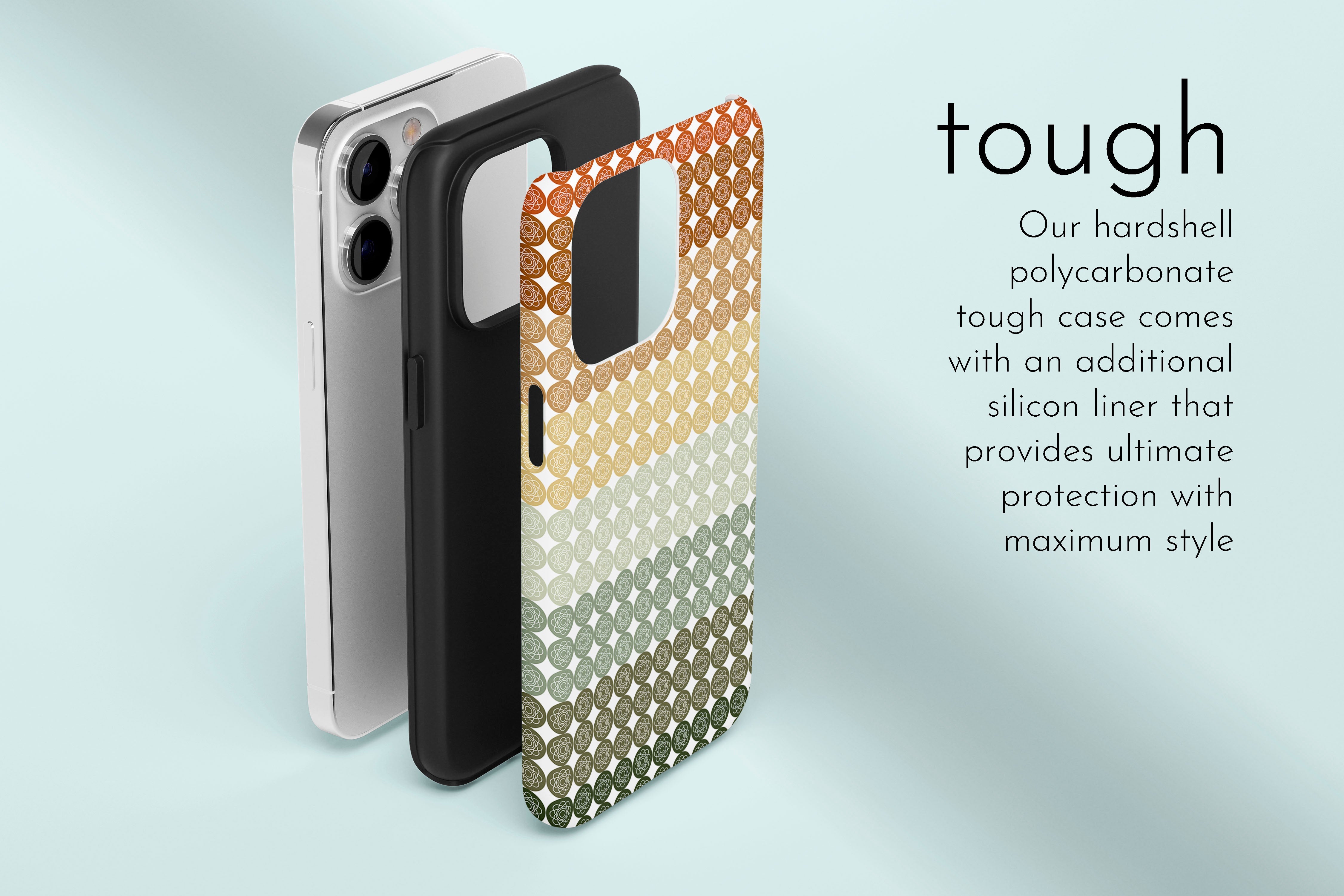 A graphic illustration of our Gradient Floral Stripe design describing the main features of our tough type phone case