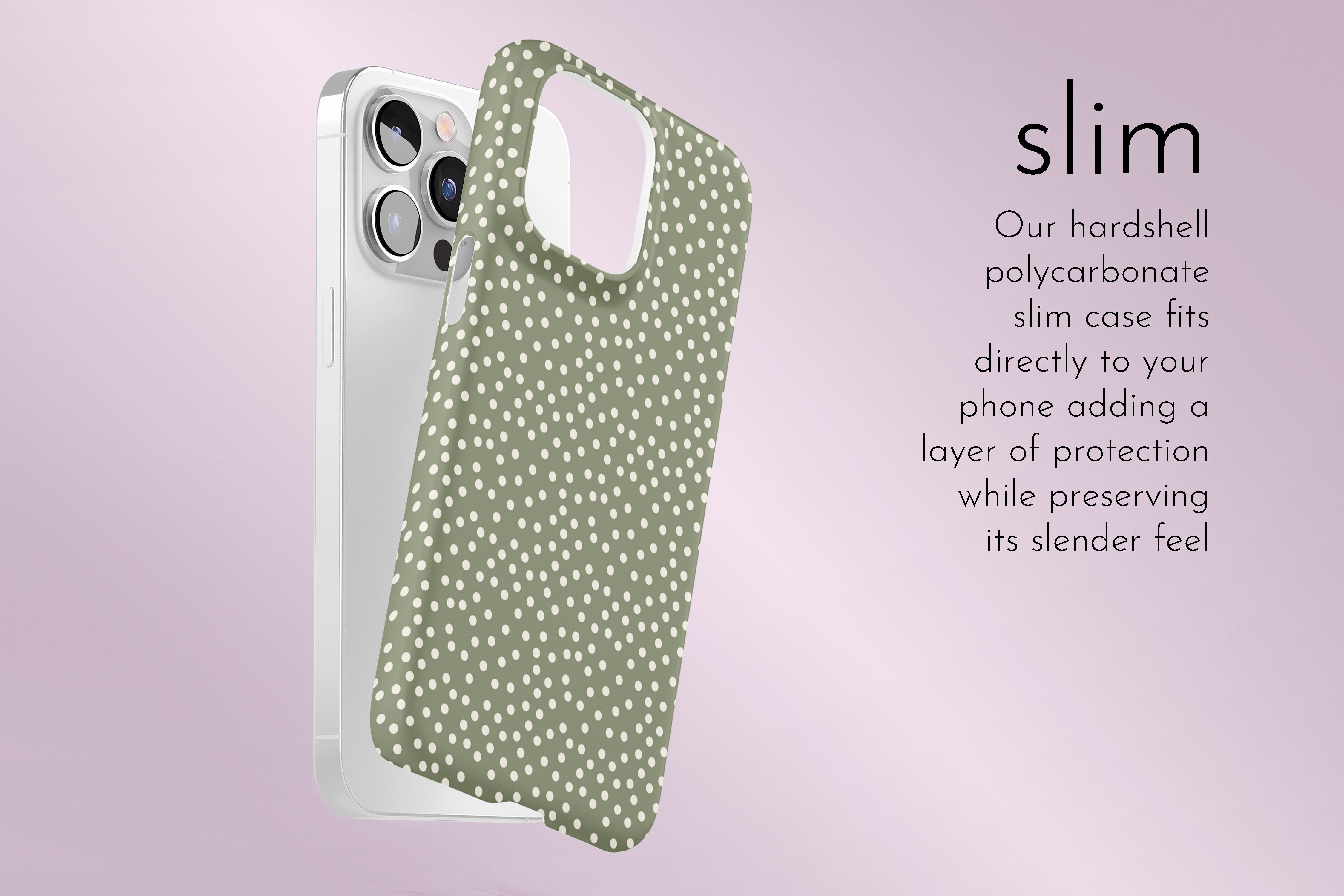 A graphic illustration of our Green Dot design describing the main features of our slim type phone case