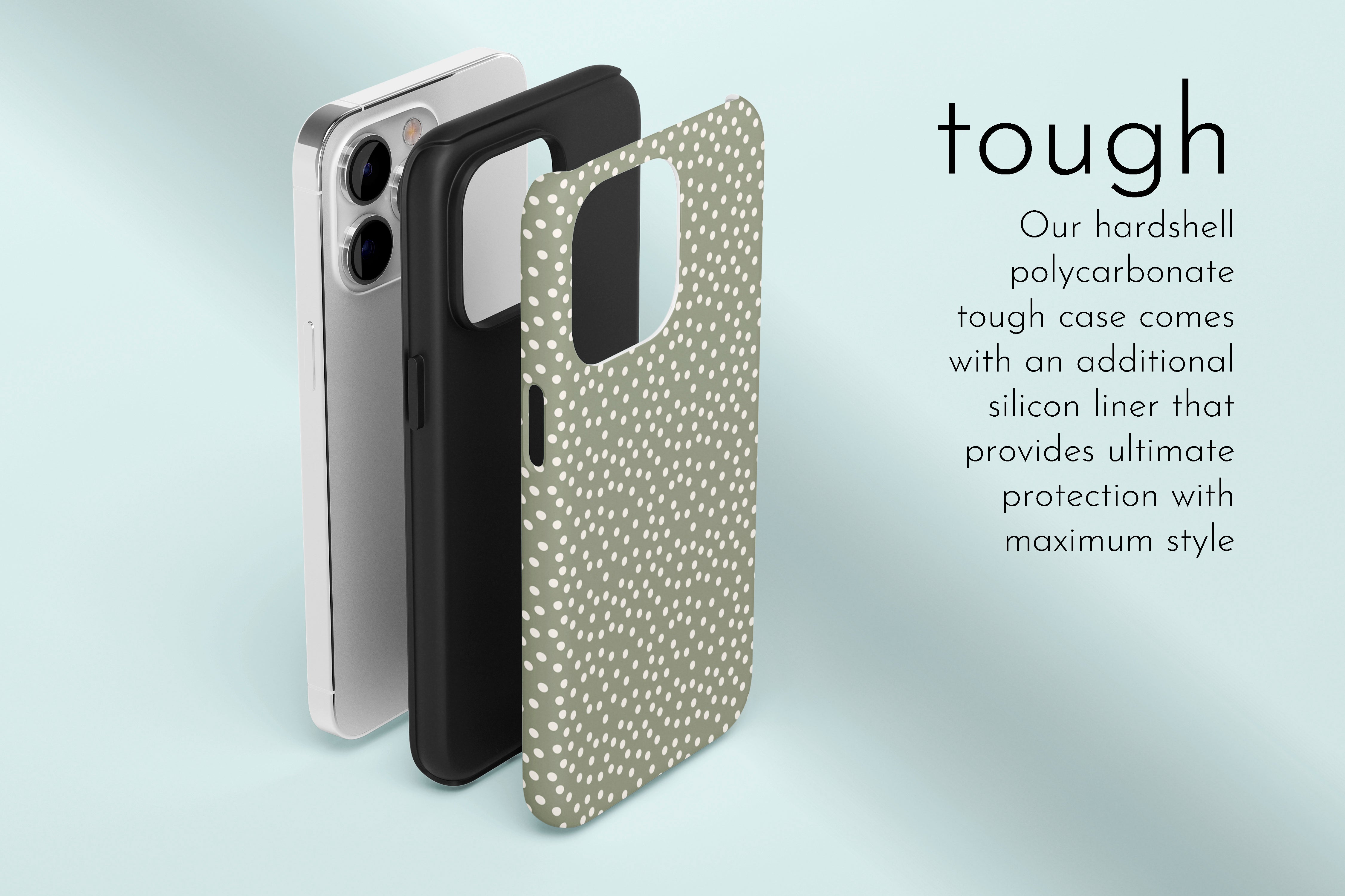 A graphic illustration of our Green Dot design describing the main features of our tough type phone case
