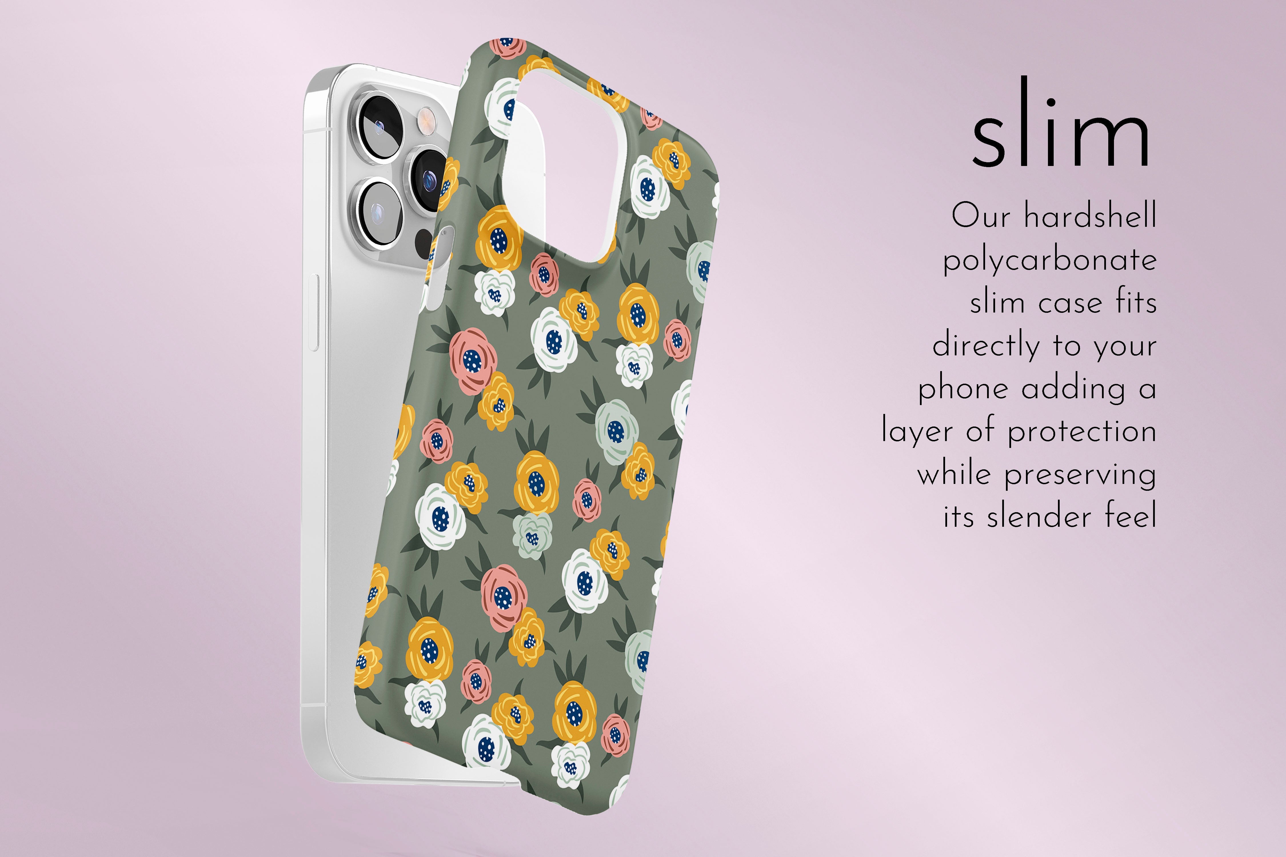 A graphic illustration of our Green Floral design describing the main features of our slim type phone case