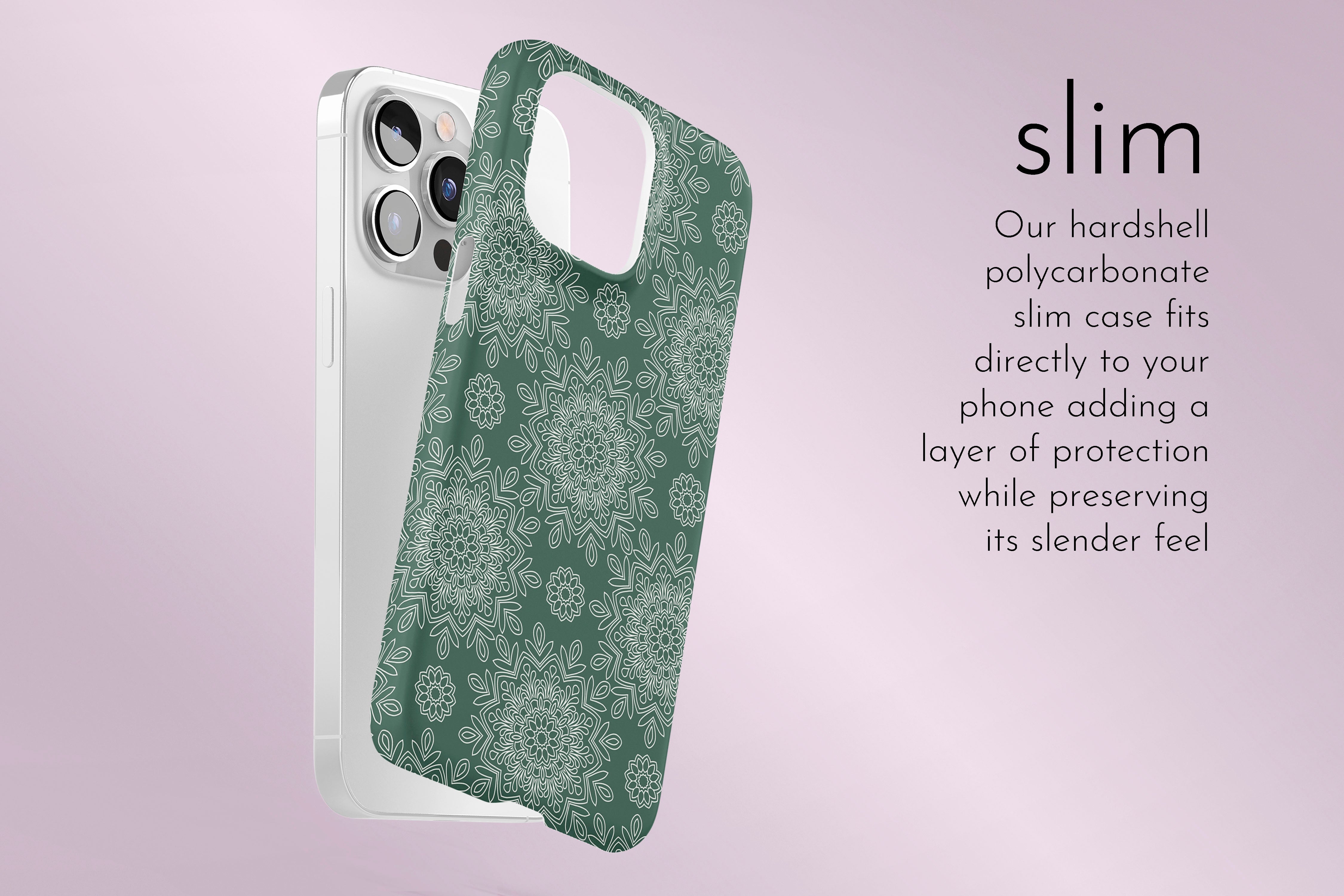 A graphic illustration of our Green Mandala design describing the main features of our slim type phone case