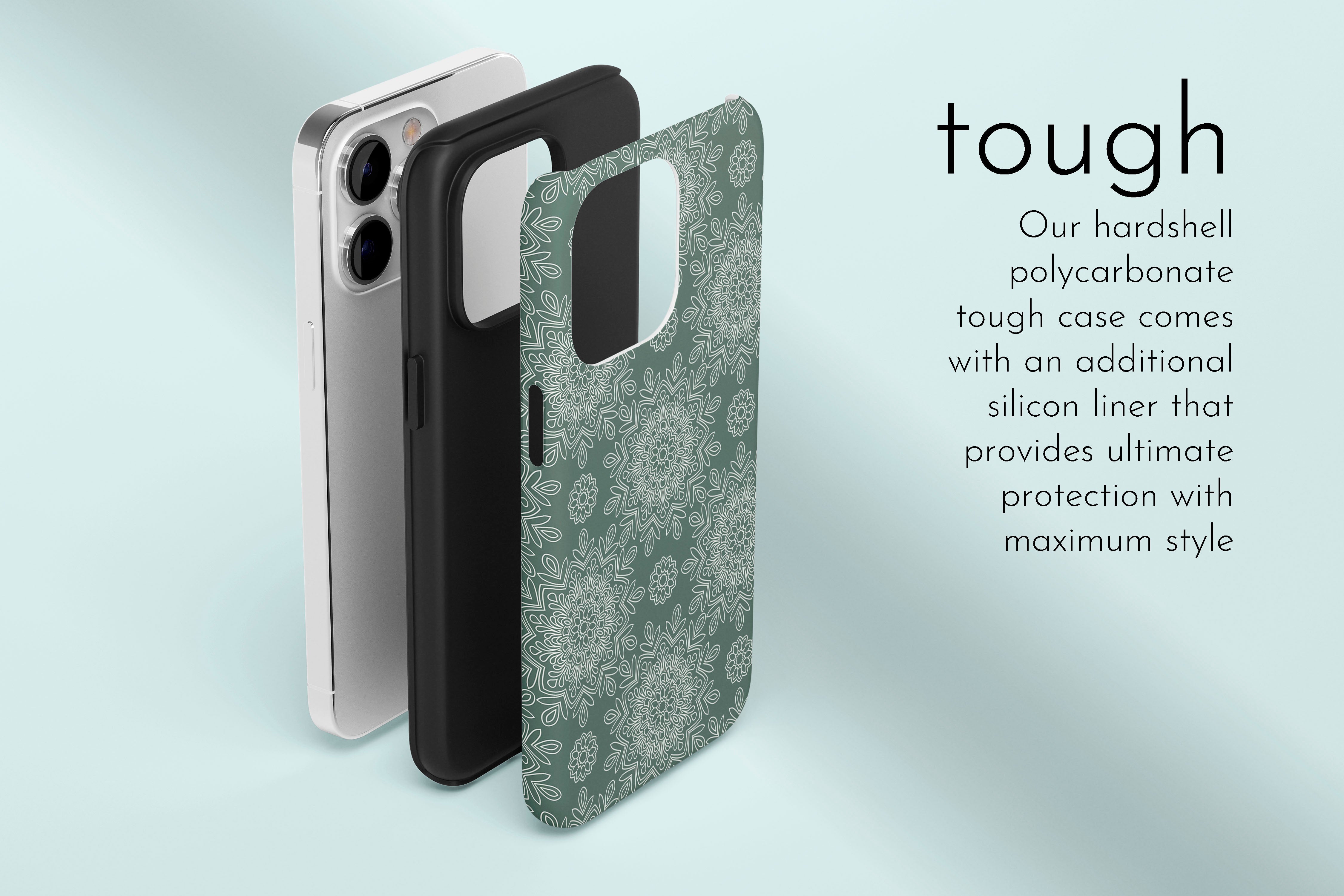A graphic illustration of our Green Mandala design describing the main features of our tough type phone case