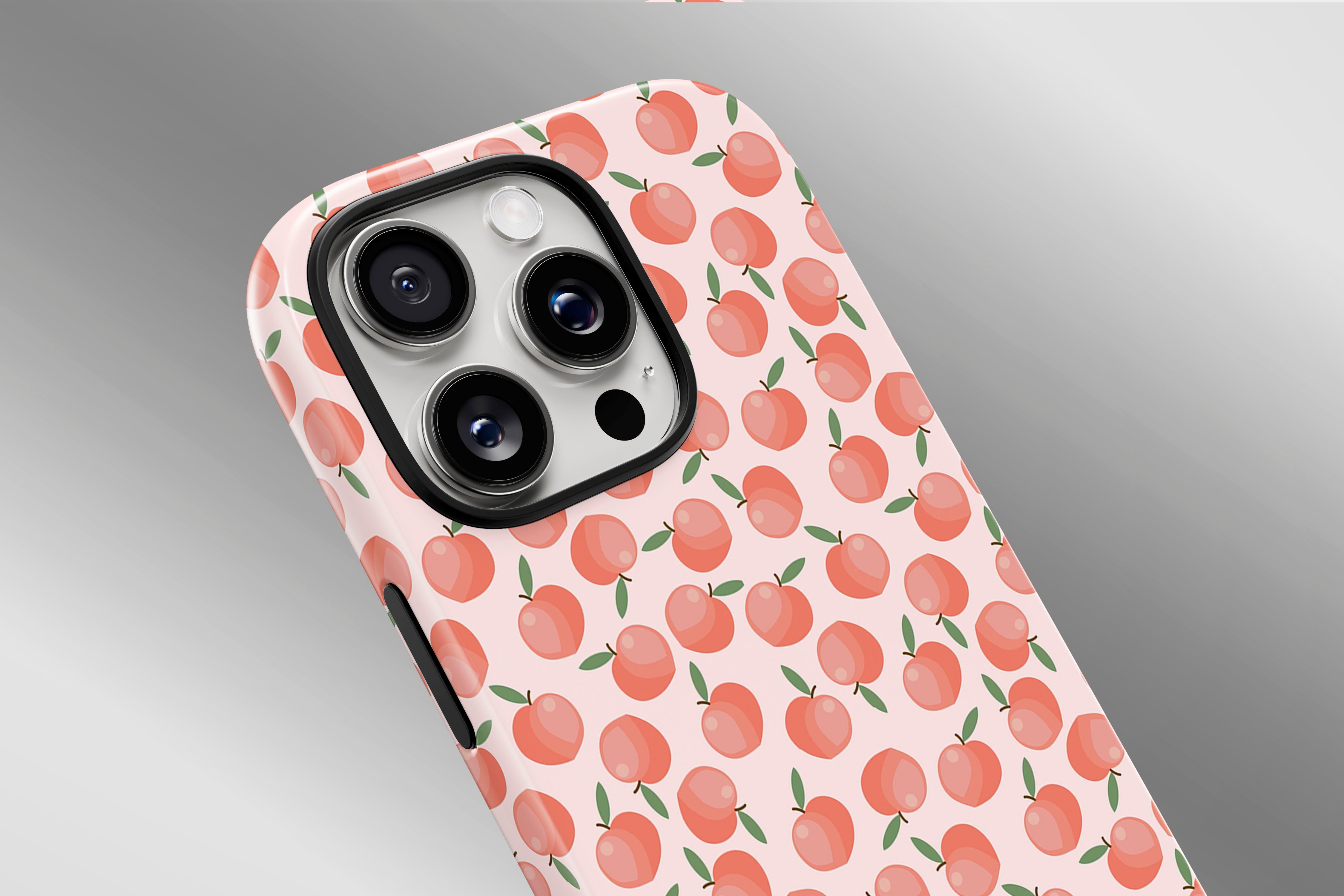 A close up image of a phone case featuring our Just Peachy design