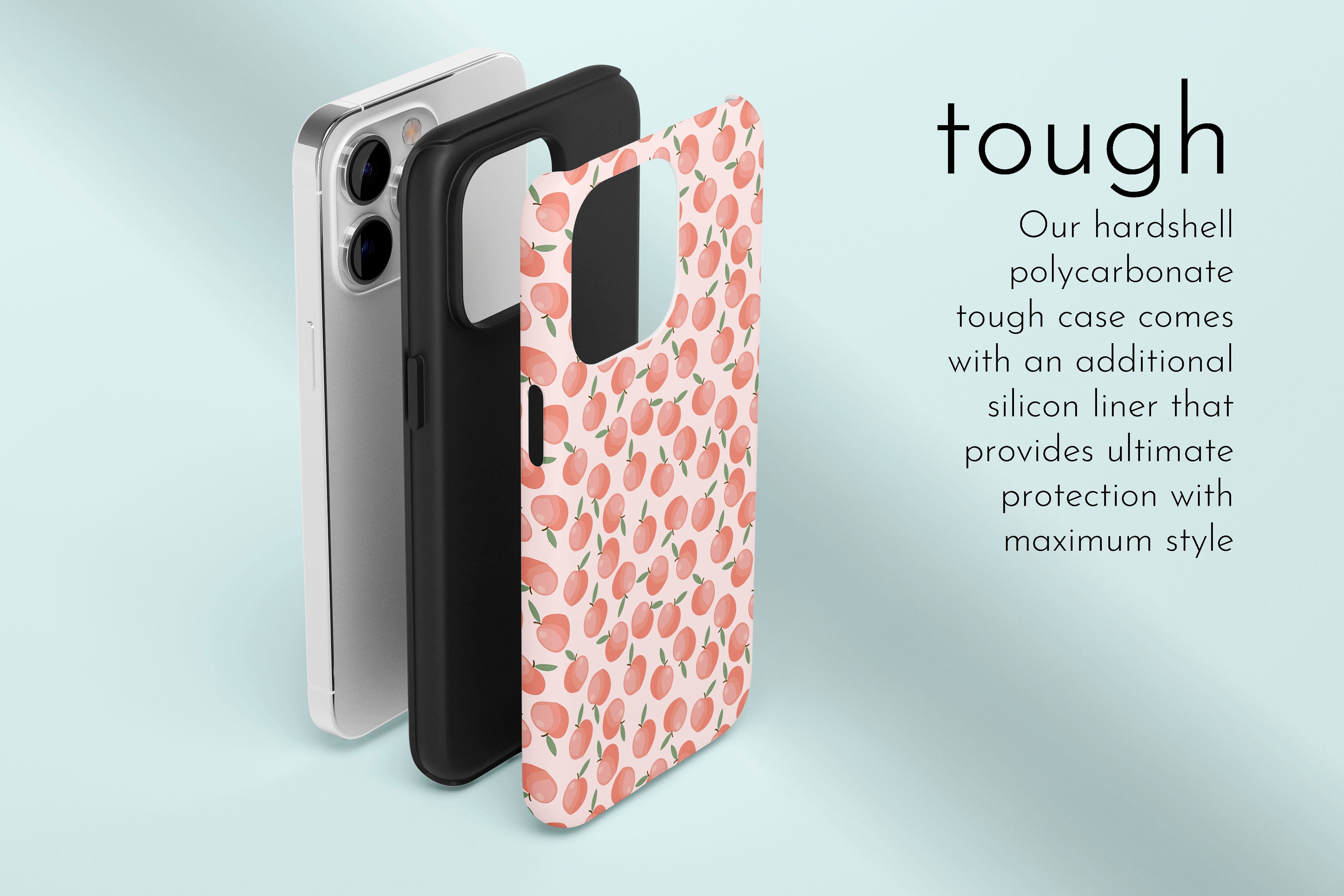 A graphic illustration of our Just Peachy design describing the main features of our tough type phone case