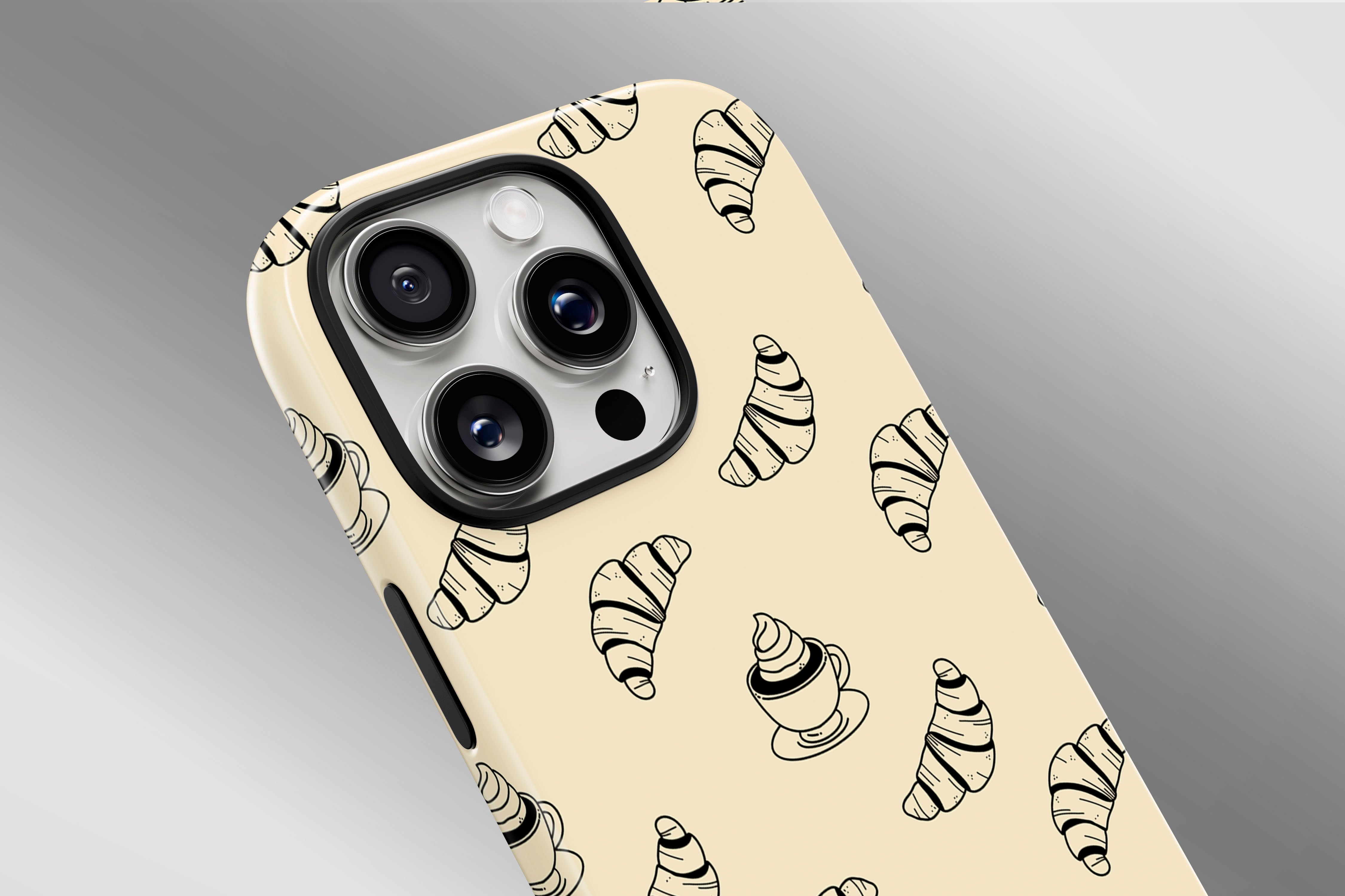 A close up image of a phone case featuring our Le Croissant design
