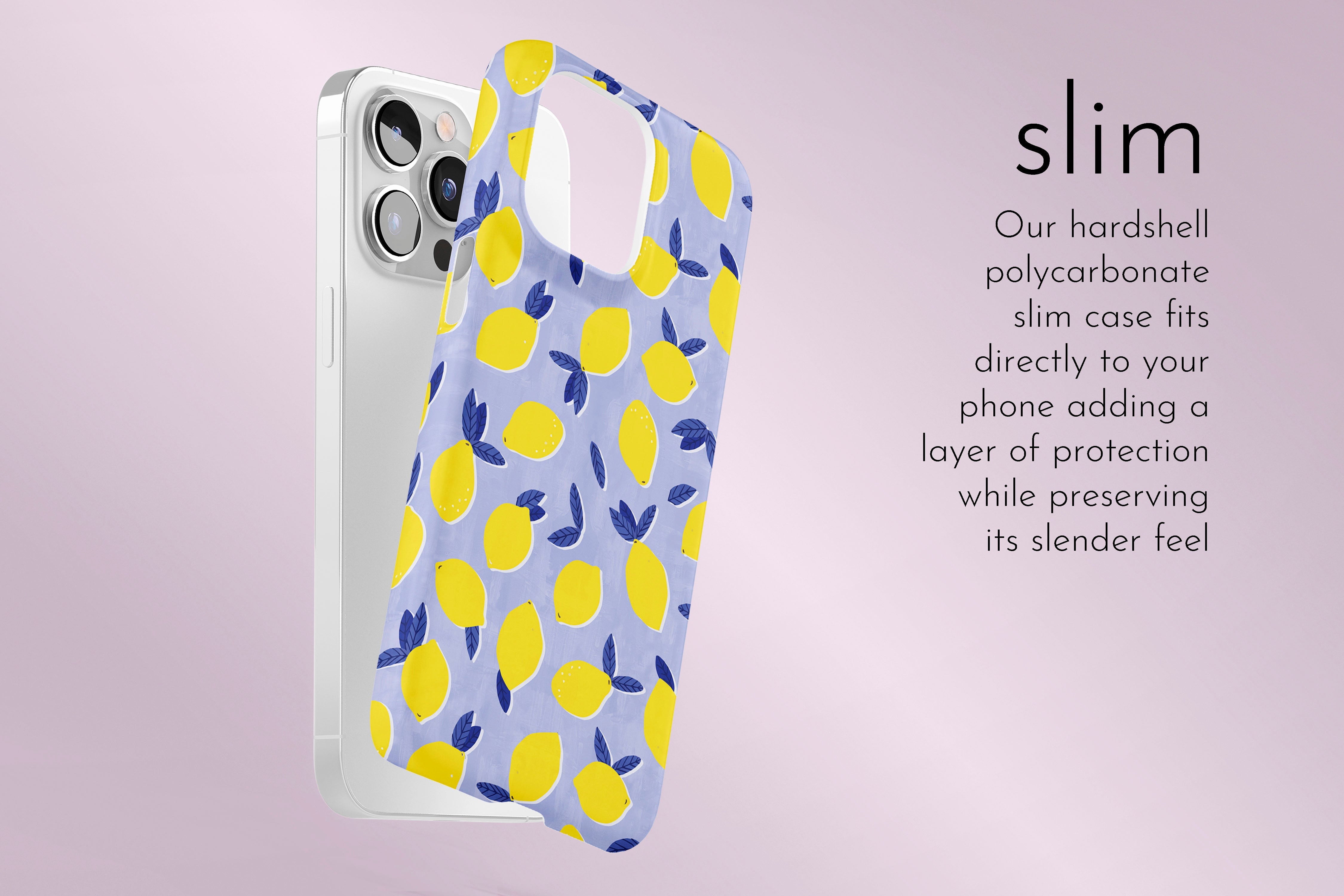 A graphic illustration of our Lemon Drop design describing the main features of our slim type phone case