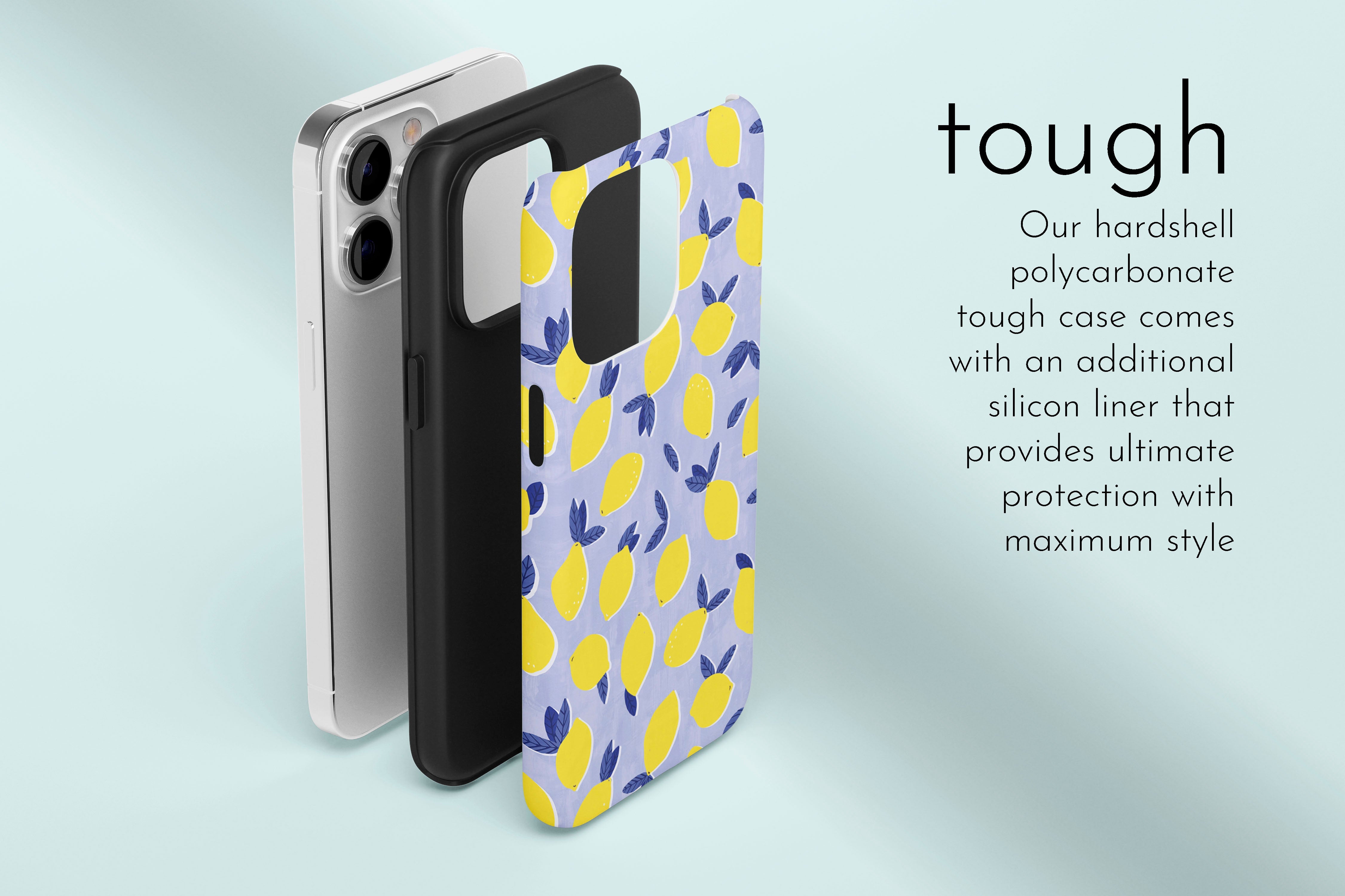 A graphic illustration of our Lemon Drop design describing the main features of our tough type phone case