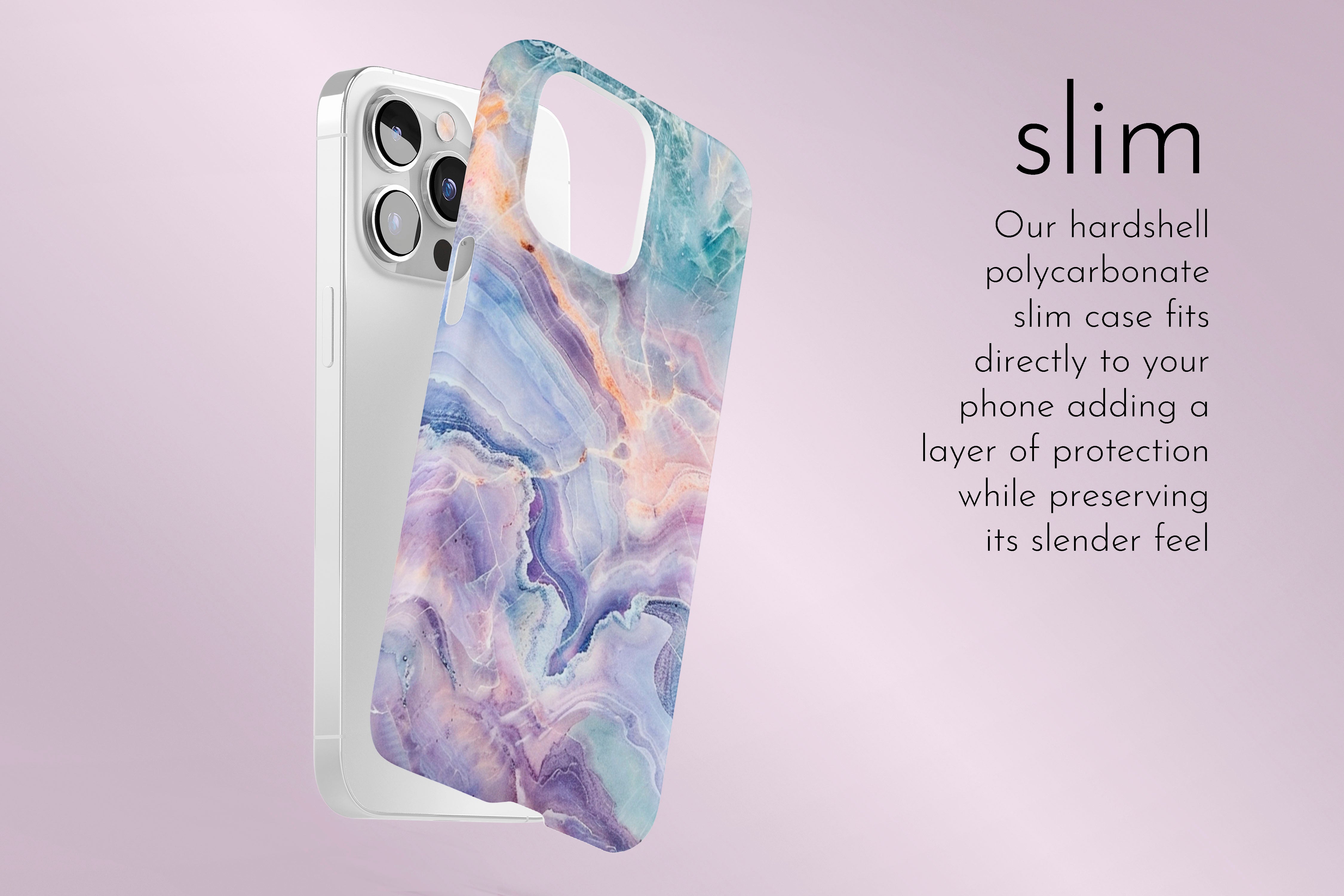 A graphic illustration of our Lost Marble design describing the main features of our slim type phone case