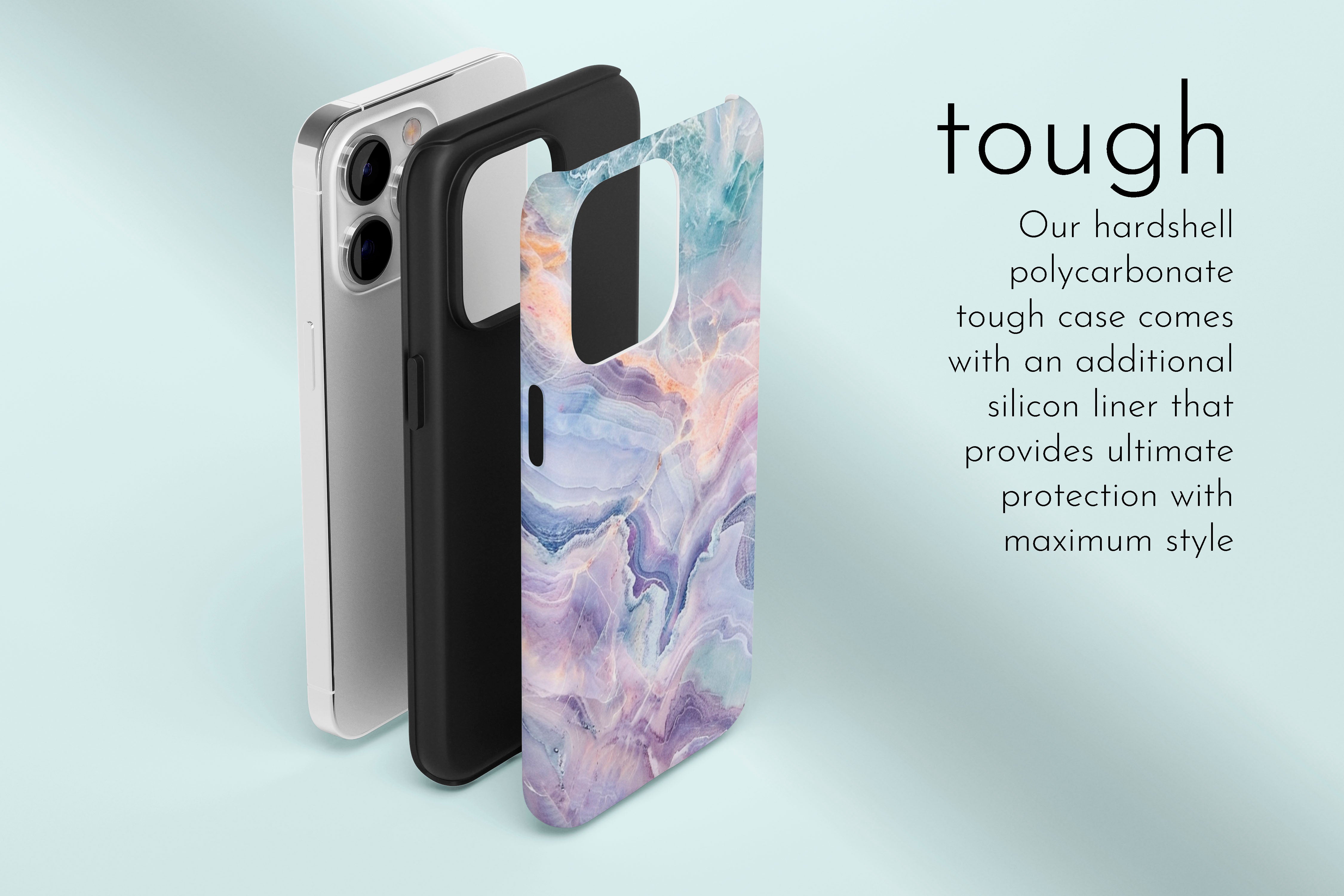 A graphic illustration of our Lost Marble design describing the main features of our tough type phone case