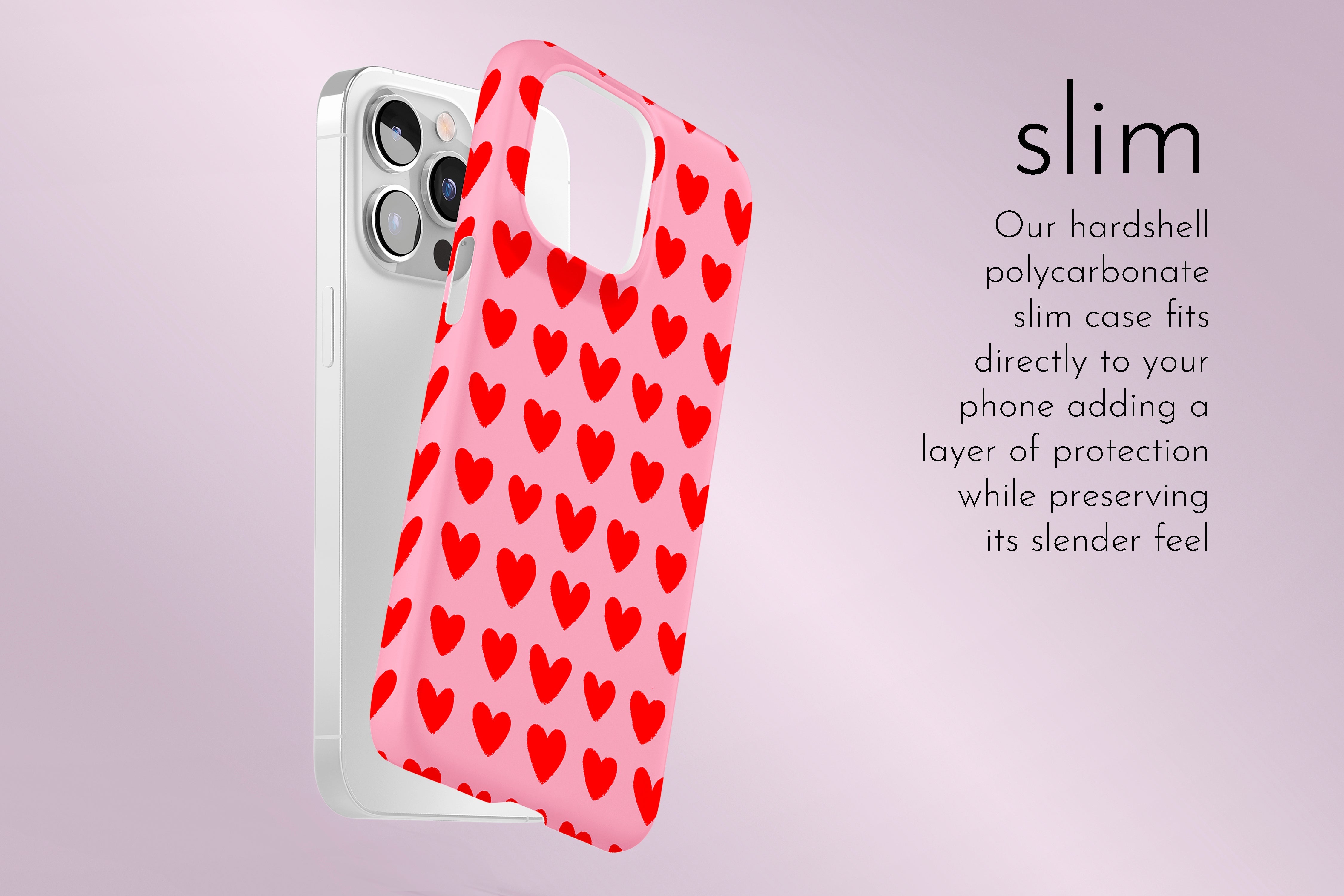 A graphic illustration of our Love design describing the main features of our slim type phone case