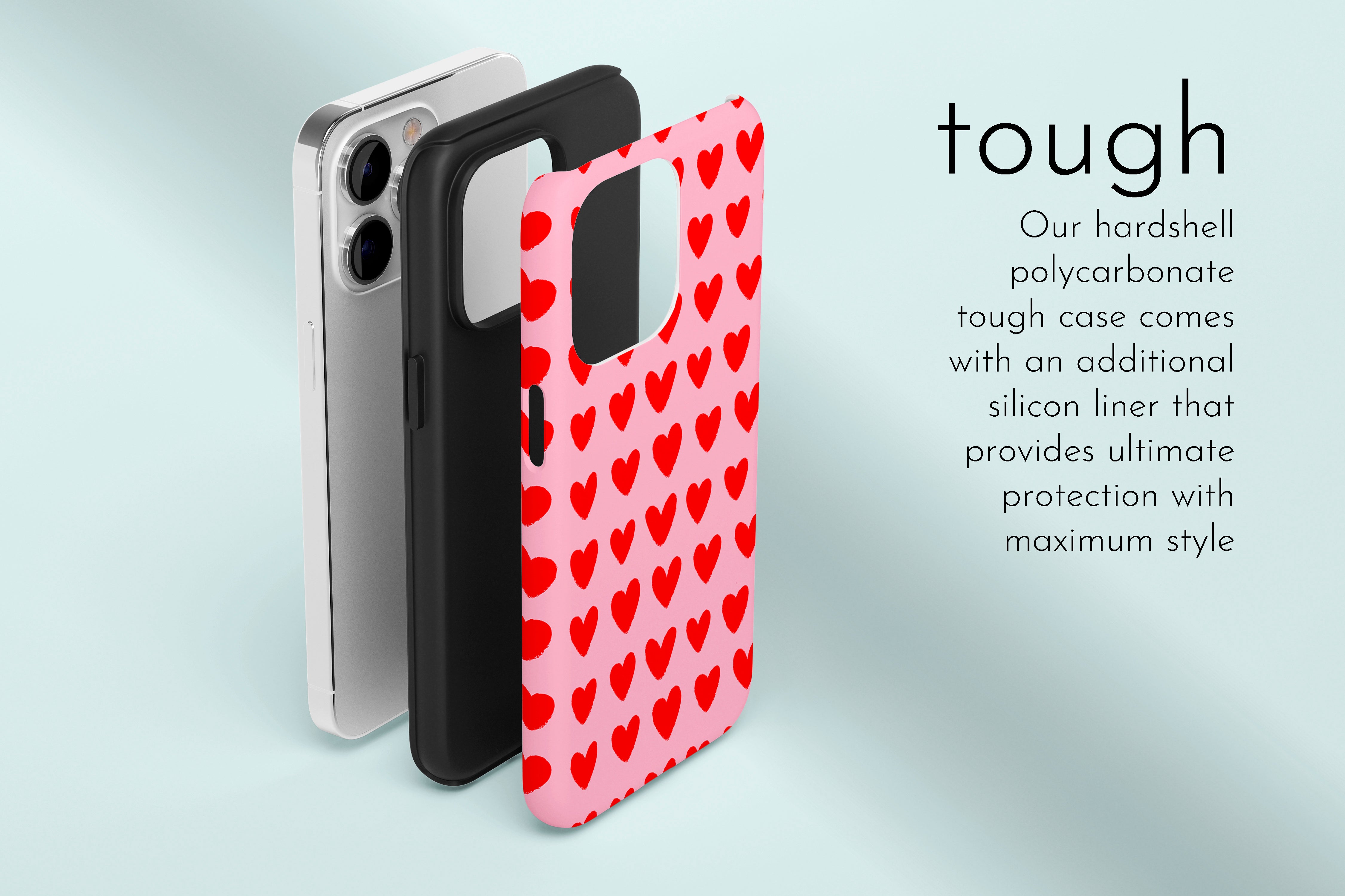 A graphic illustration of our Love design describing the main features of our tough type phone case