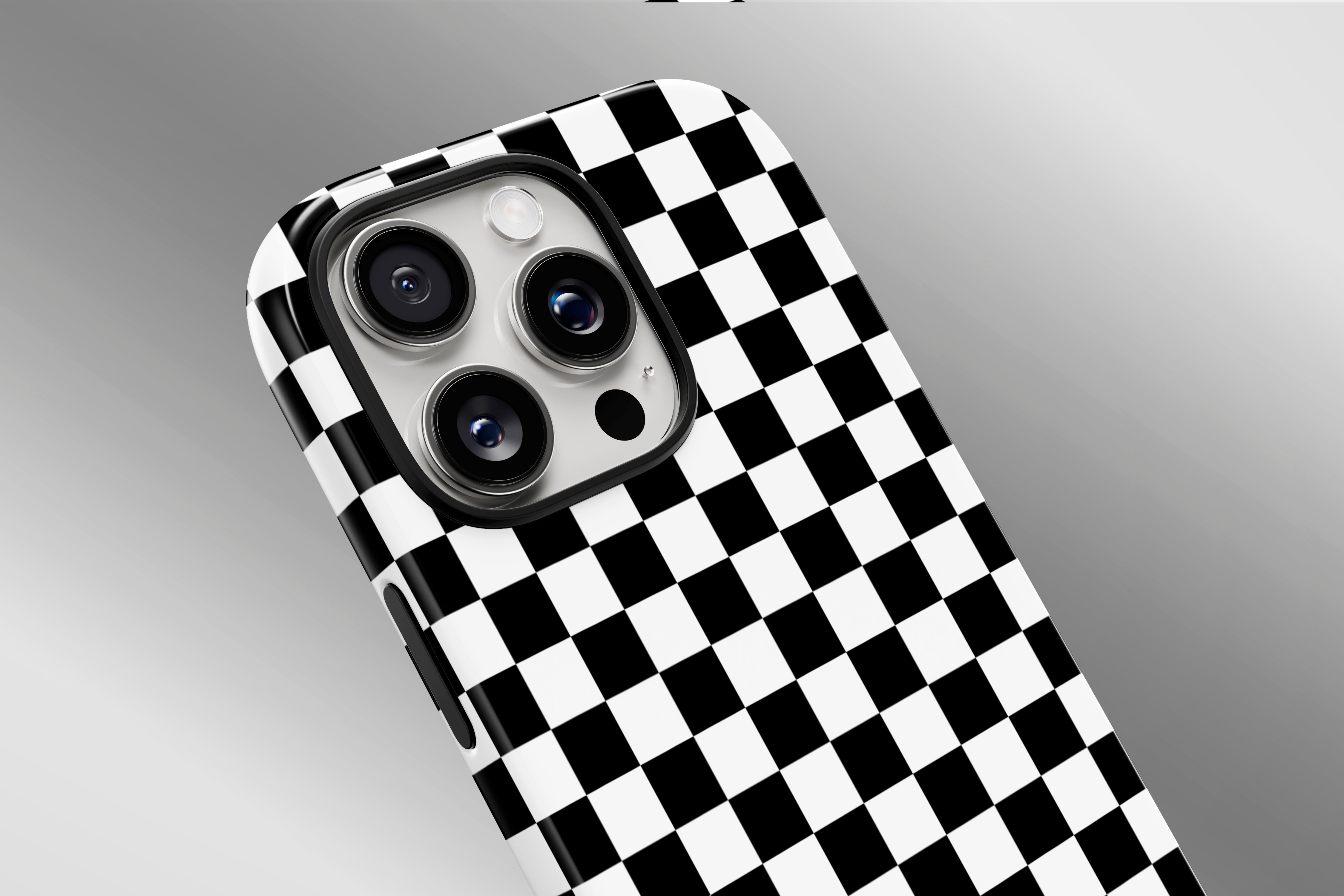 A close up image of a phone case featuring our Mono Checkerboard design