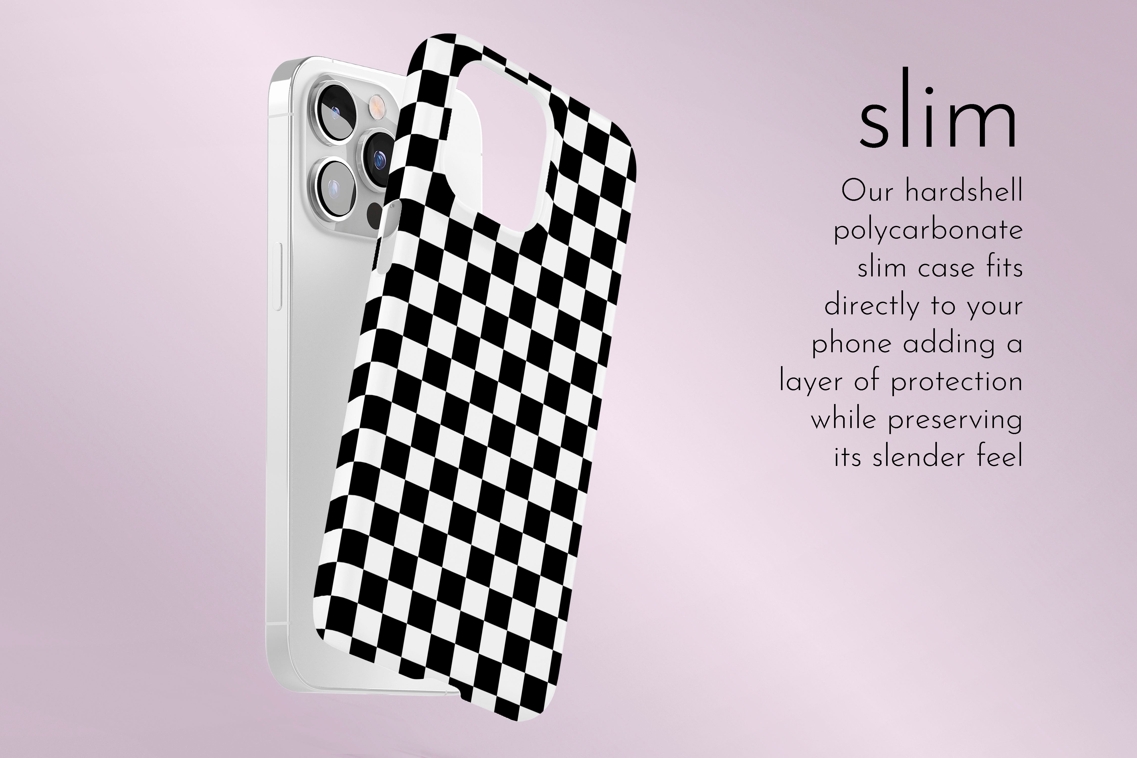 A graphic illustration of our Mono Checkerboard design describing the main features of our slim type phone case