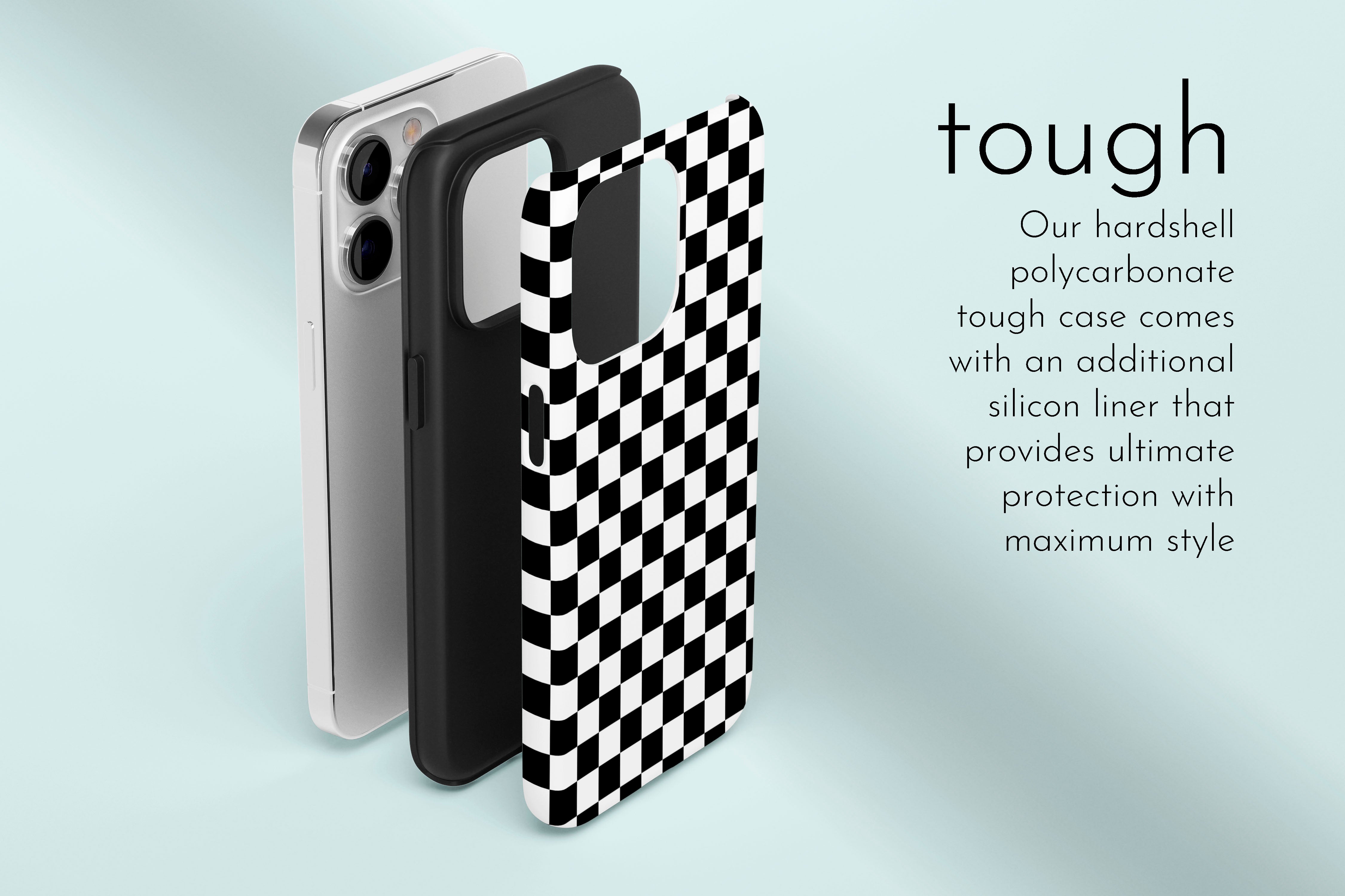 A graphic illustration of our Mono Checkerboard design describing the main features of our tough type phone case