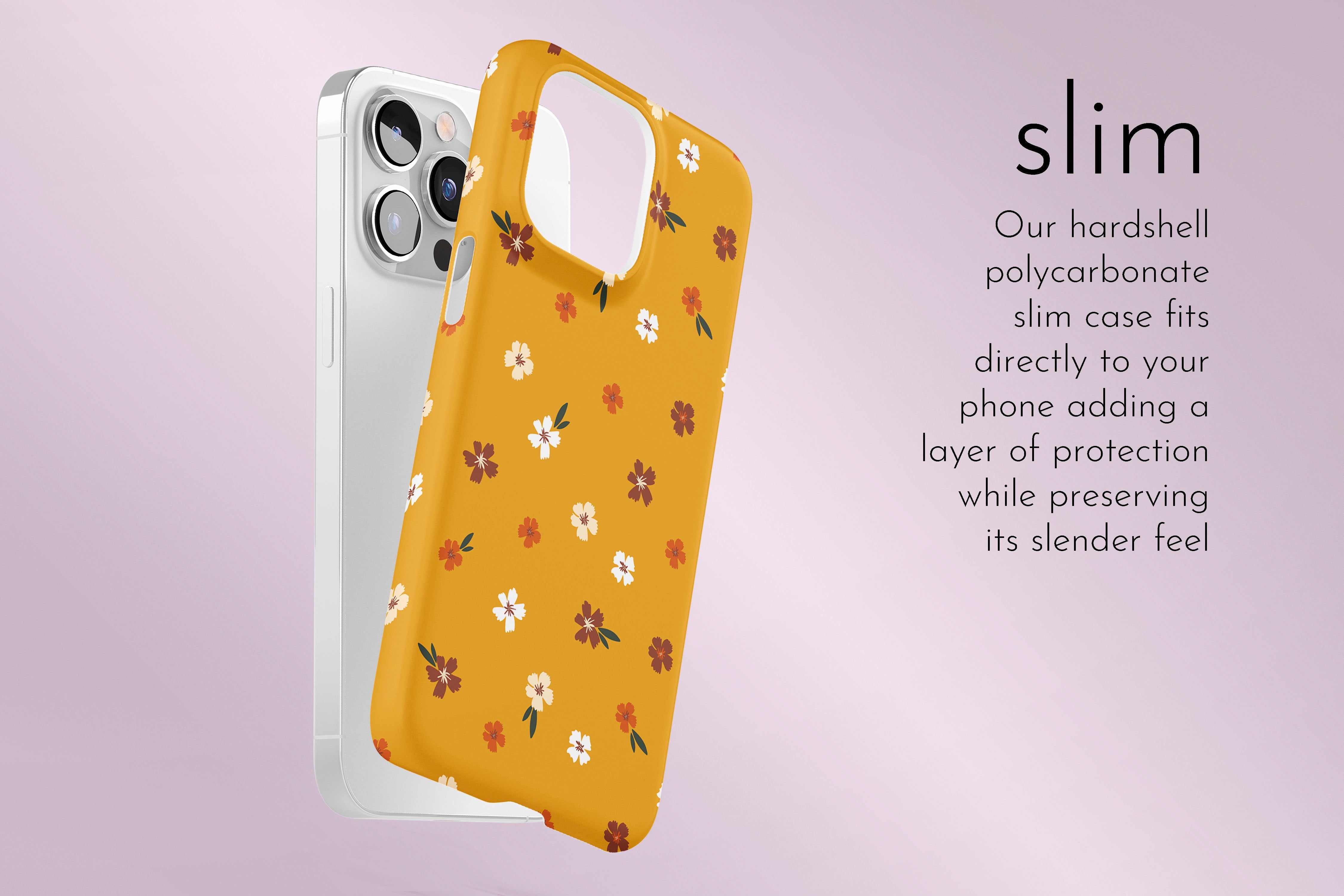 A graphic illustration of our Mustard Floral design describing the main features of our slim type phone case