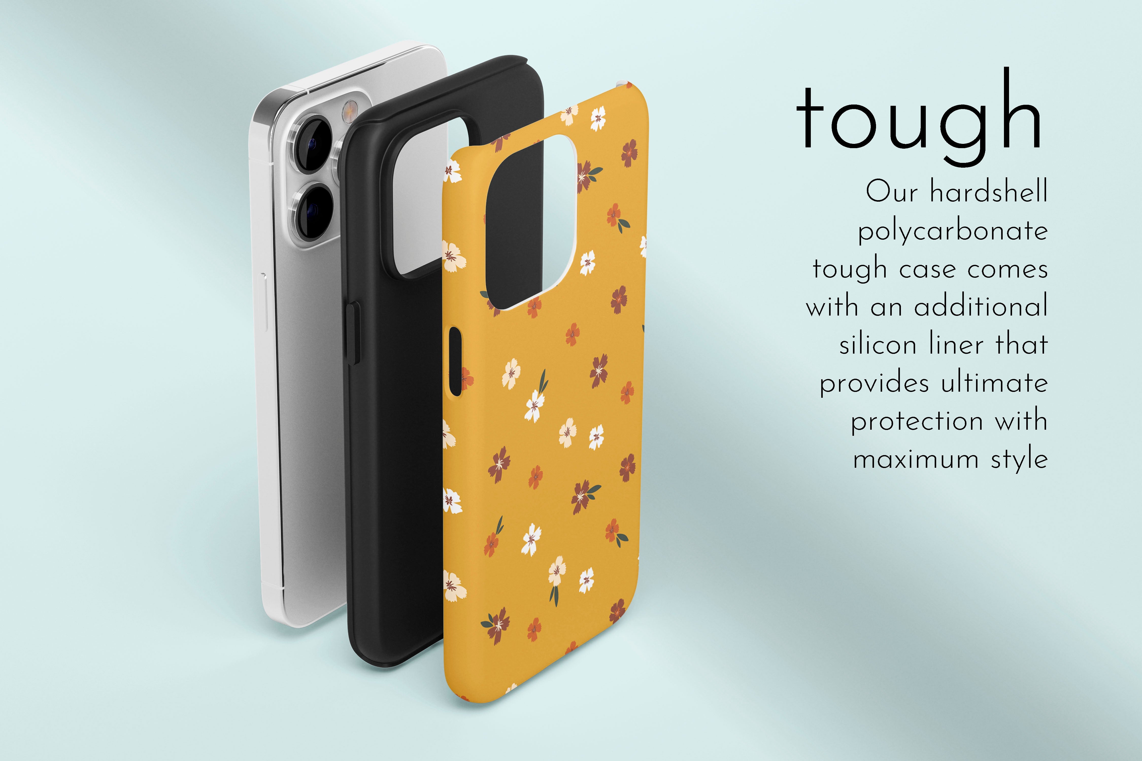 A graphic illustration of our Mustard Floral design describing the main features of our tough type phone case