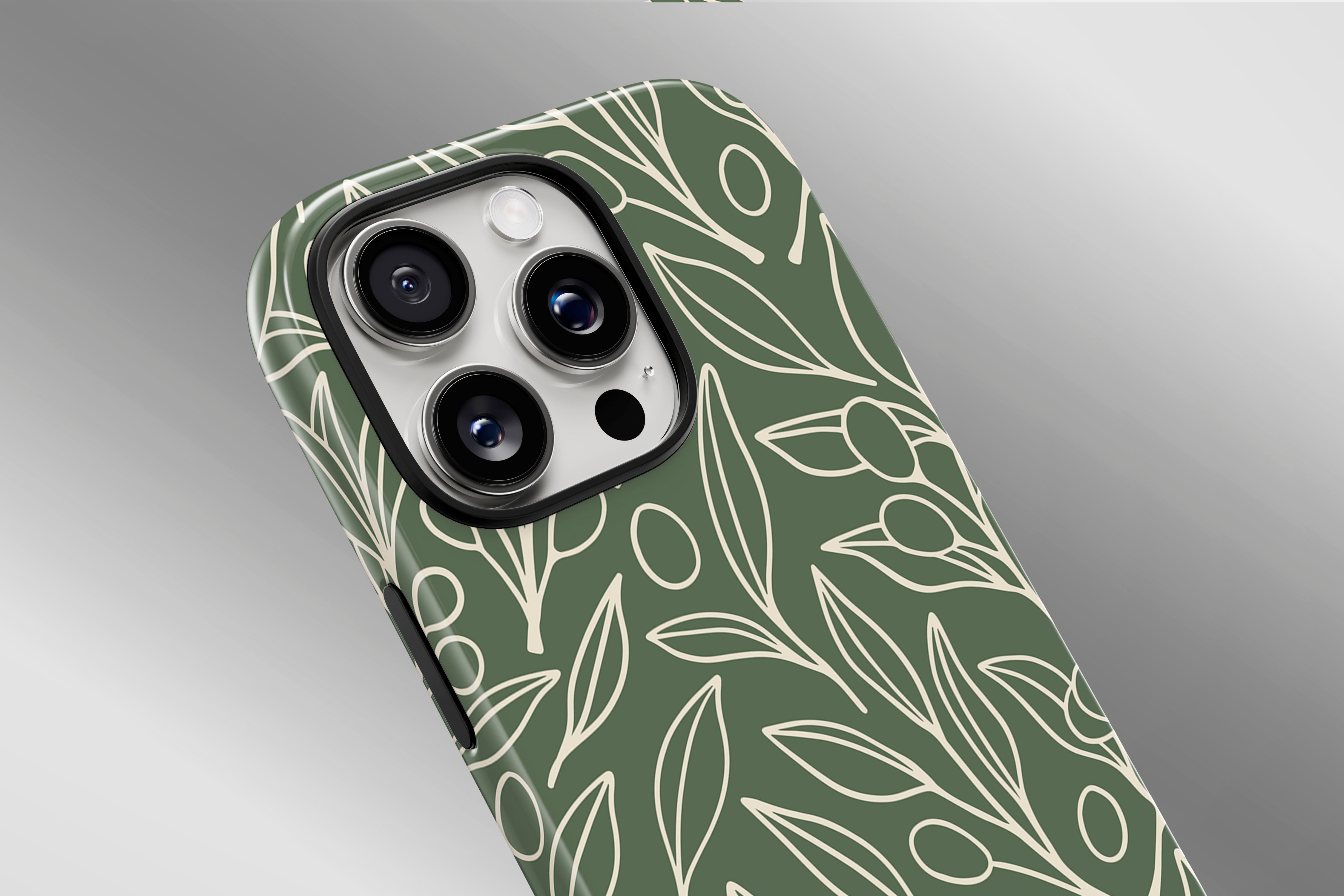 A close up image of a phone case featuring our Olive Leaf design