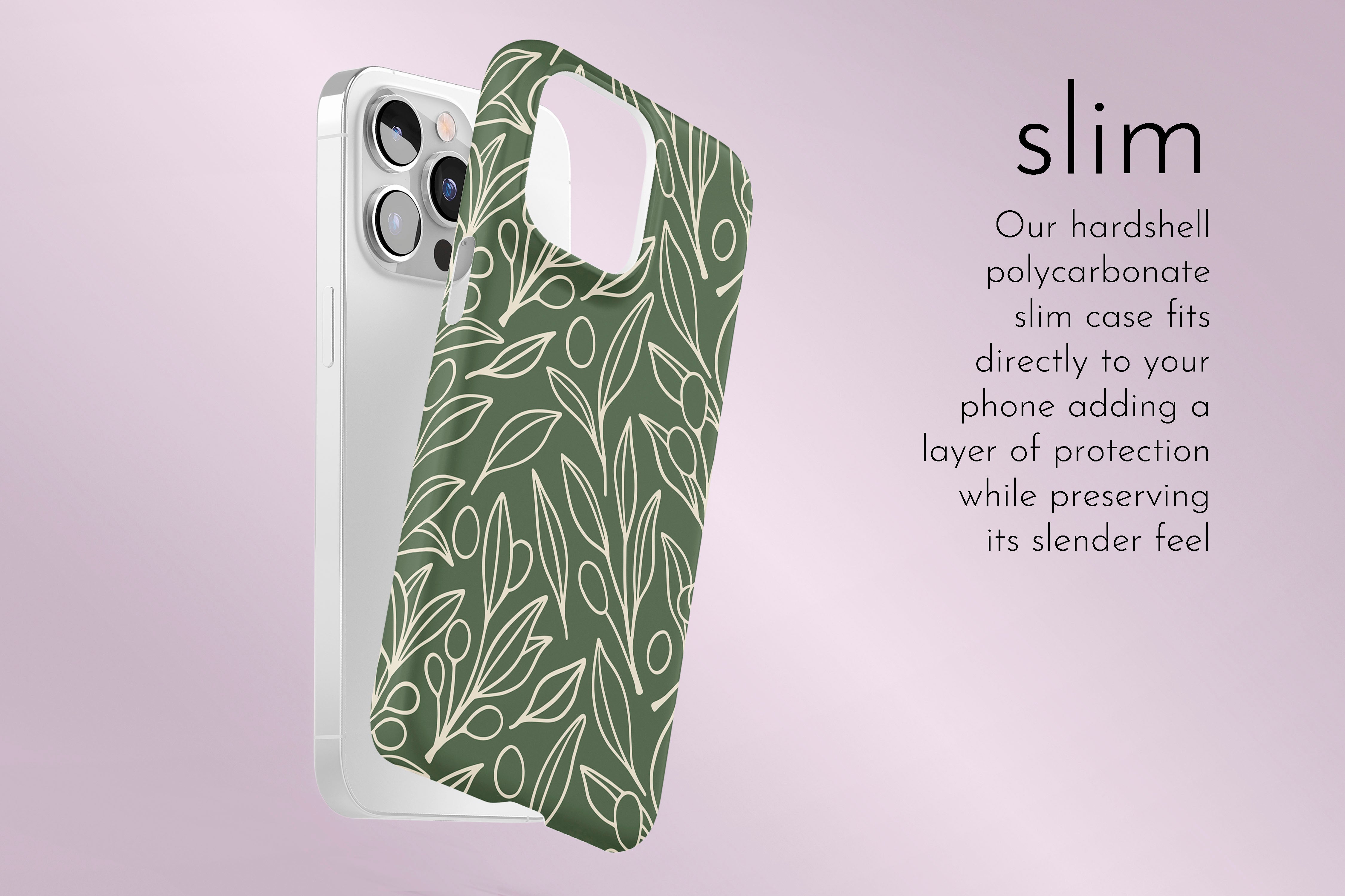 A graphic illustration of our Olive Leaf design describing the main features of our slim type phone case