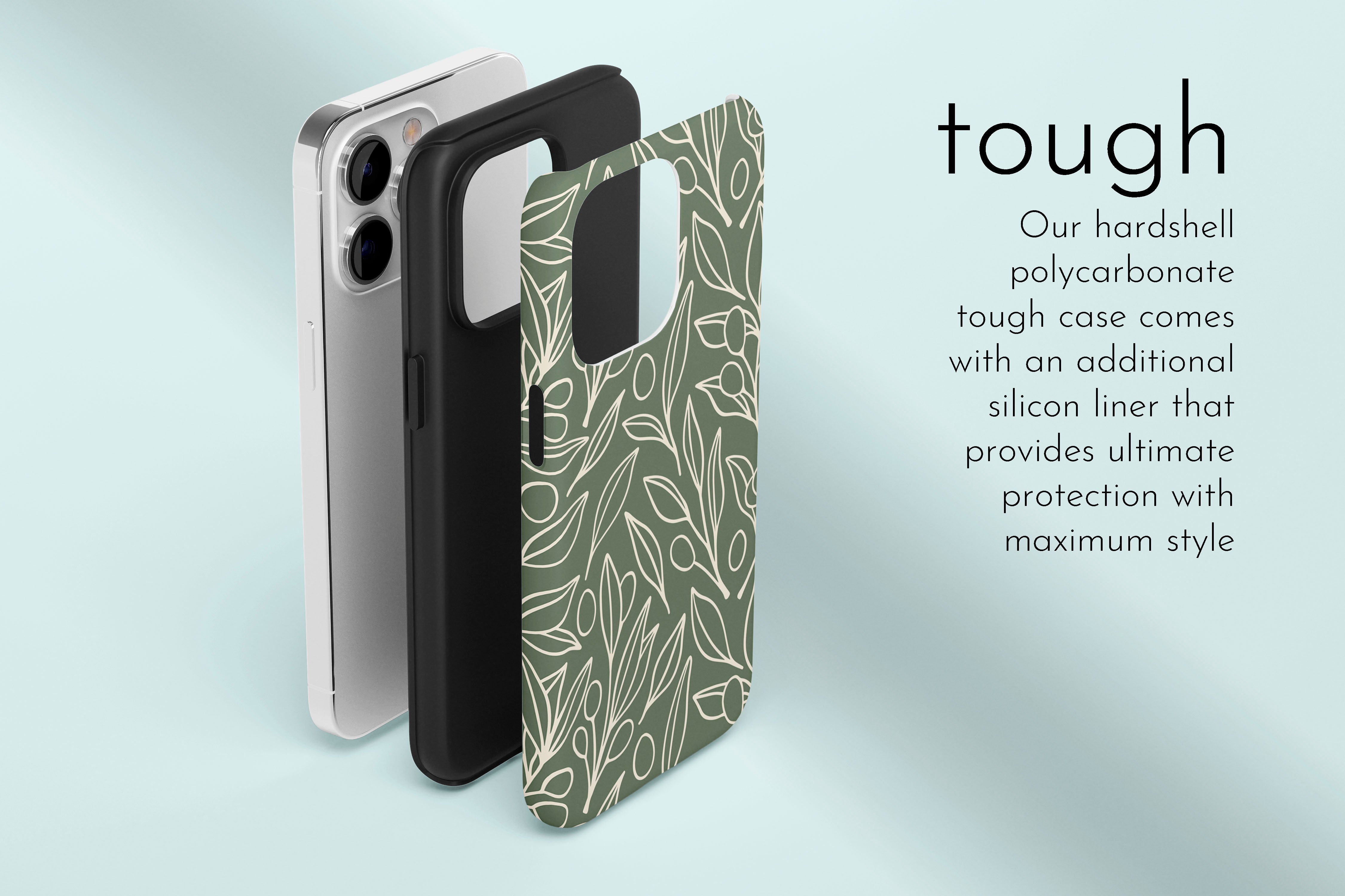 A graphic illustration of our Olive Leaf design describing the main features of our tough type phone case