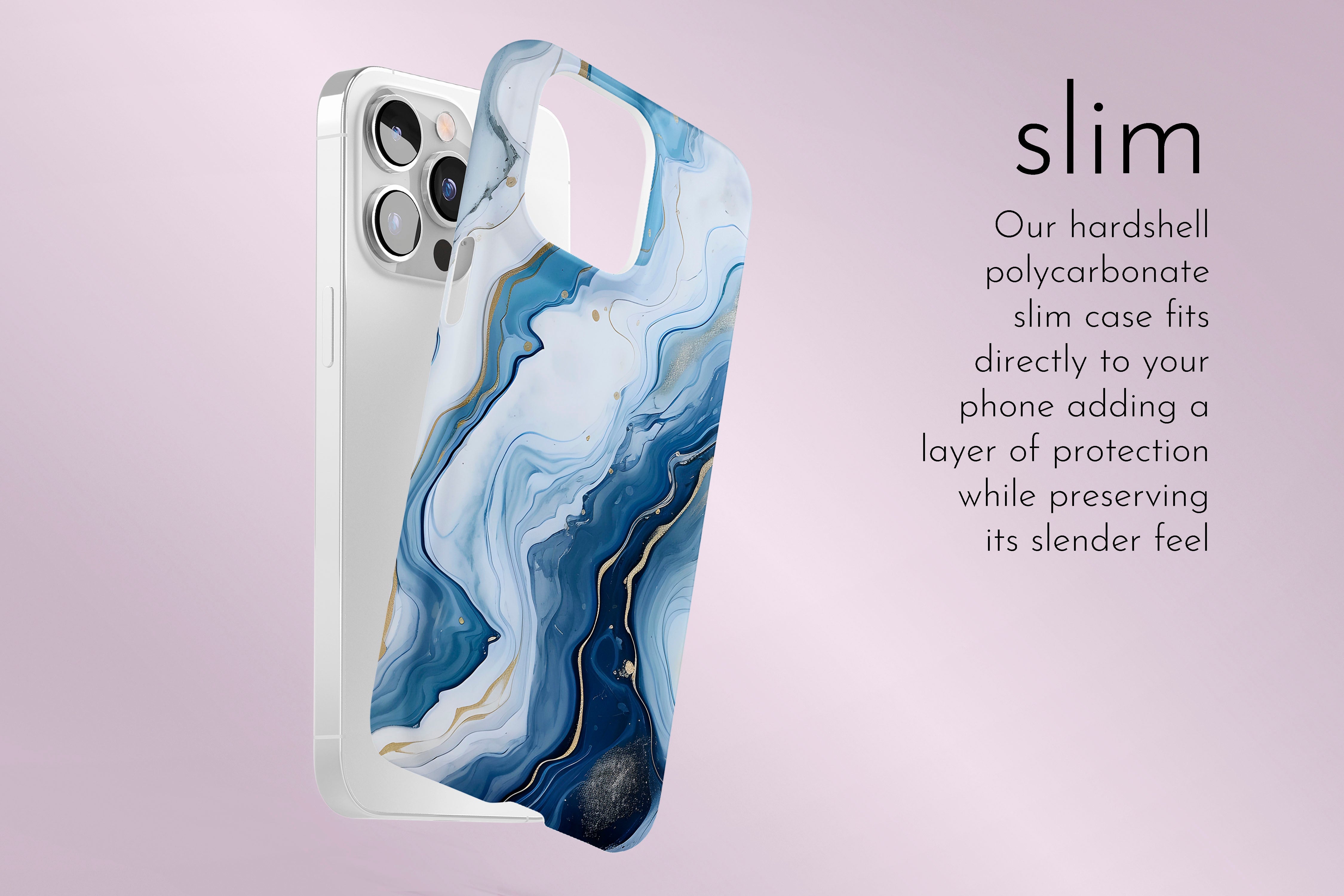 A graphic illustration of our Opulent Blue design describing the main features of our slim type phone case