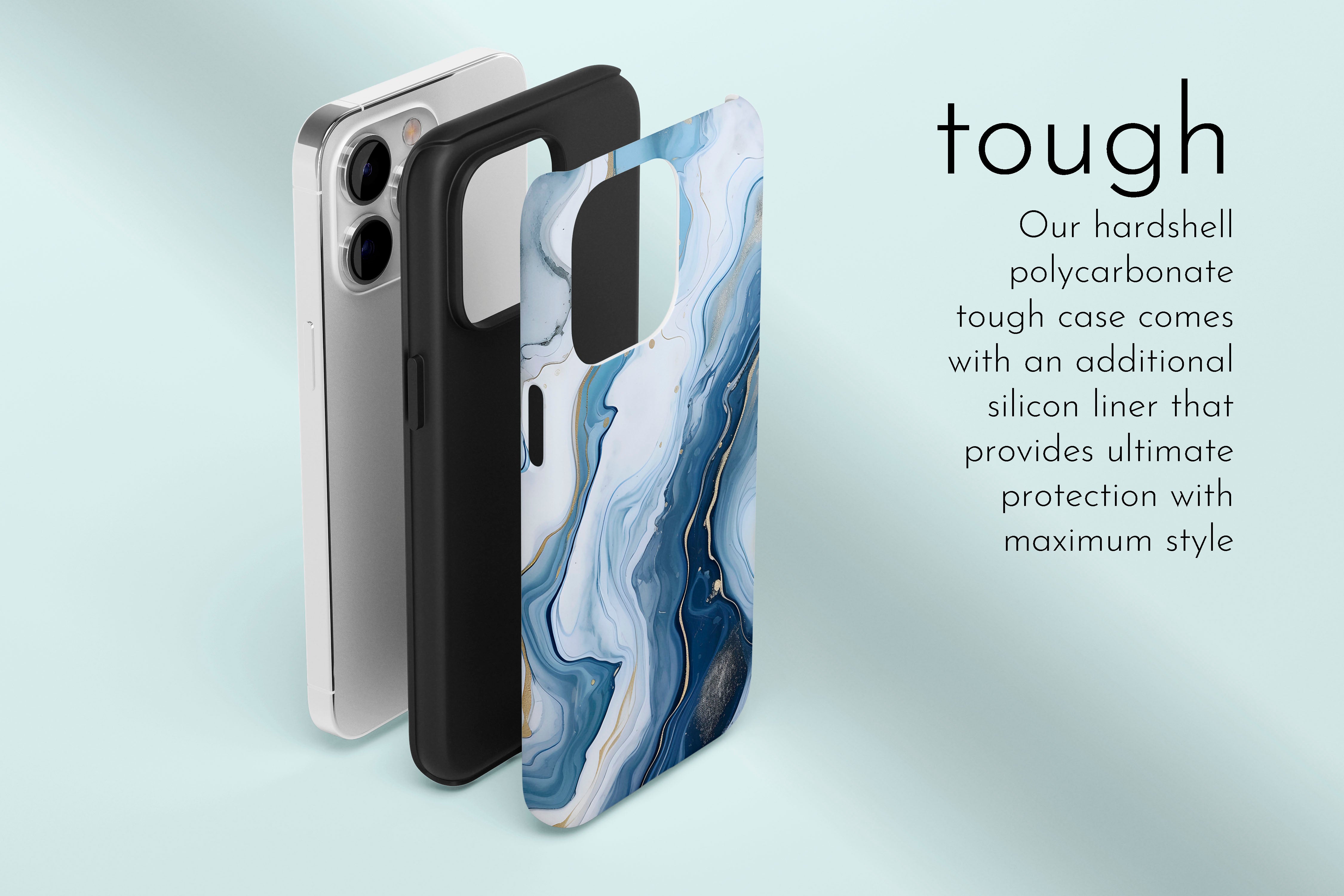 A graphic illustration of our Opulent Blue design describing the main features of our tough type phone case