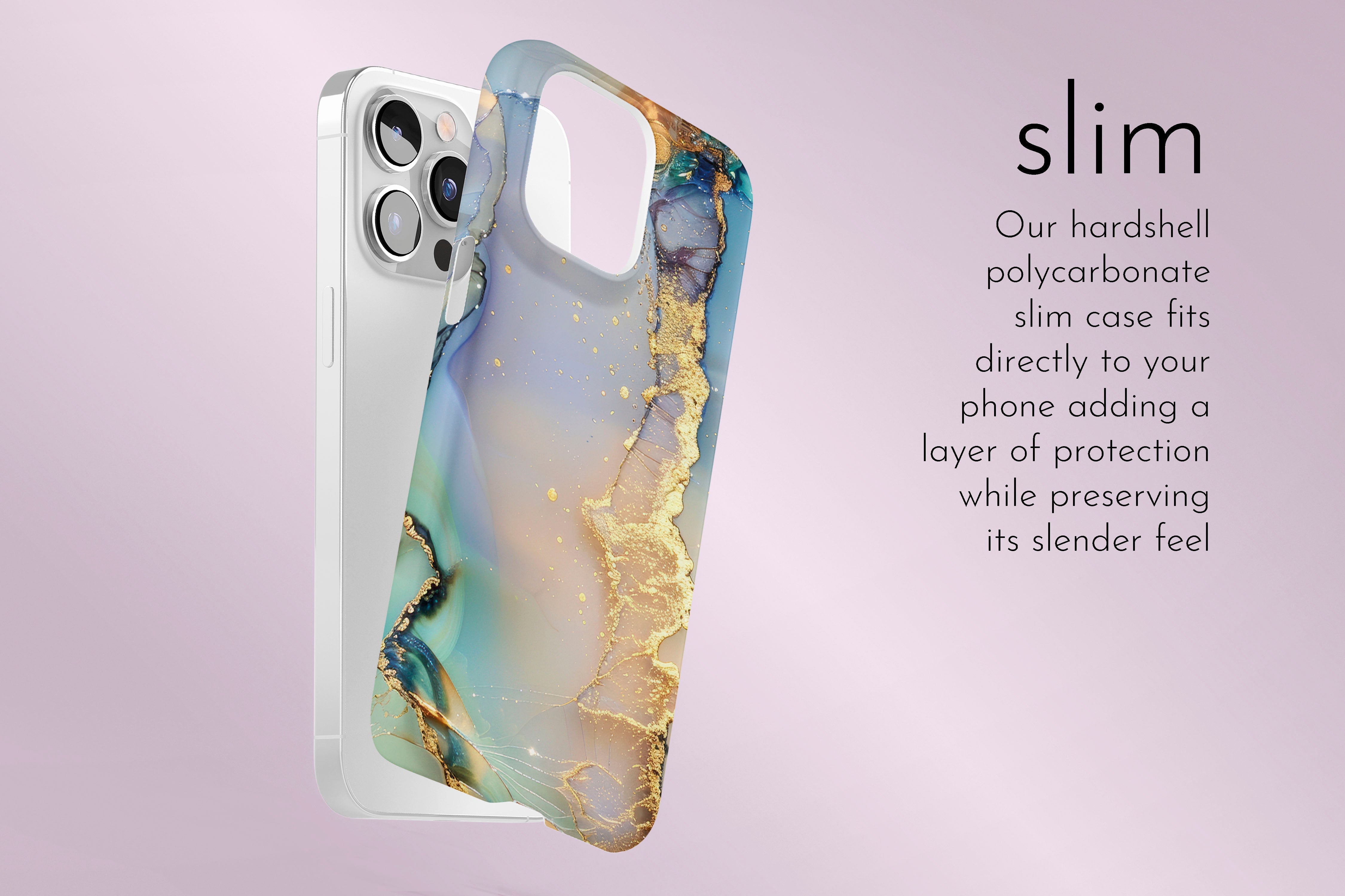 A graphic illustration of our Opulent Marble design describing the main features of our slim type phone case