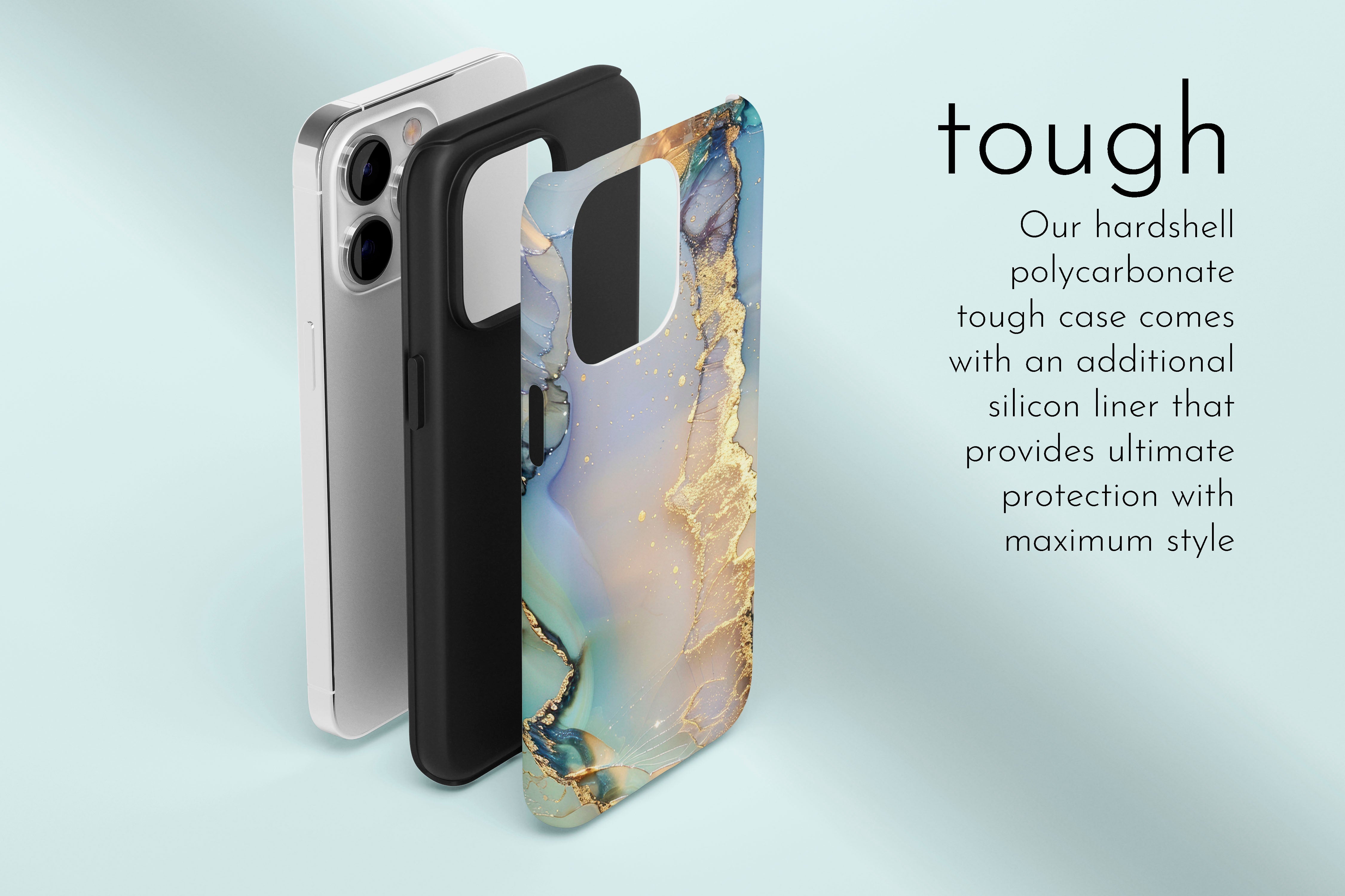 A graphic illustration of our Opulent Marble design describing the main features of our tough type phone case