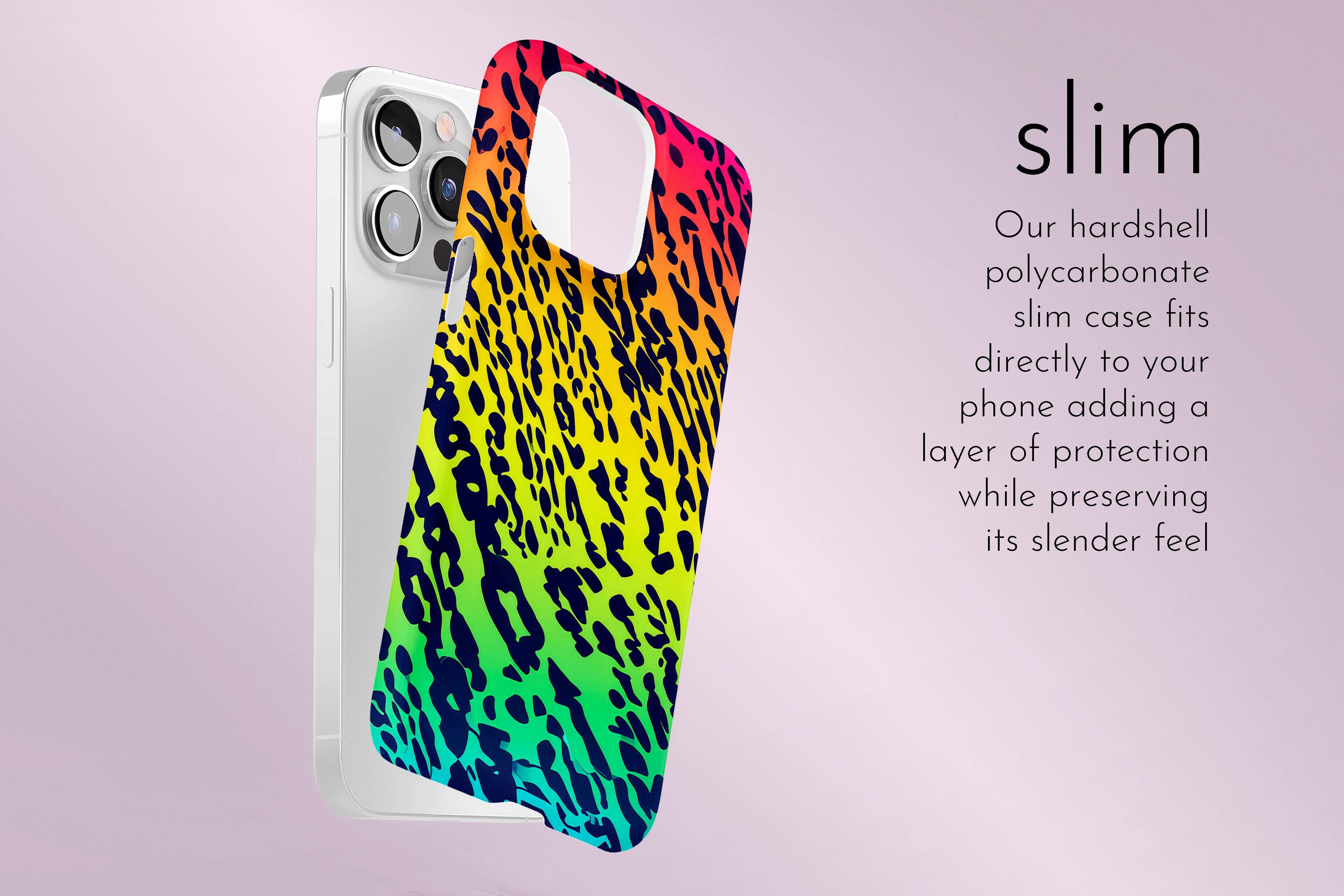 A graphic illustration of our Party Animal design describing the main features of our slim type phone case