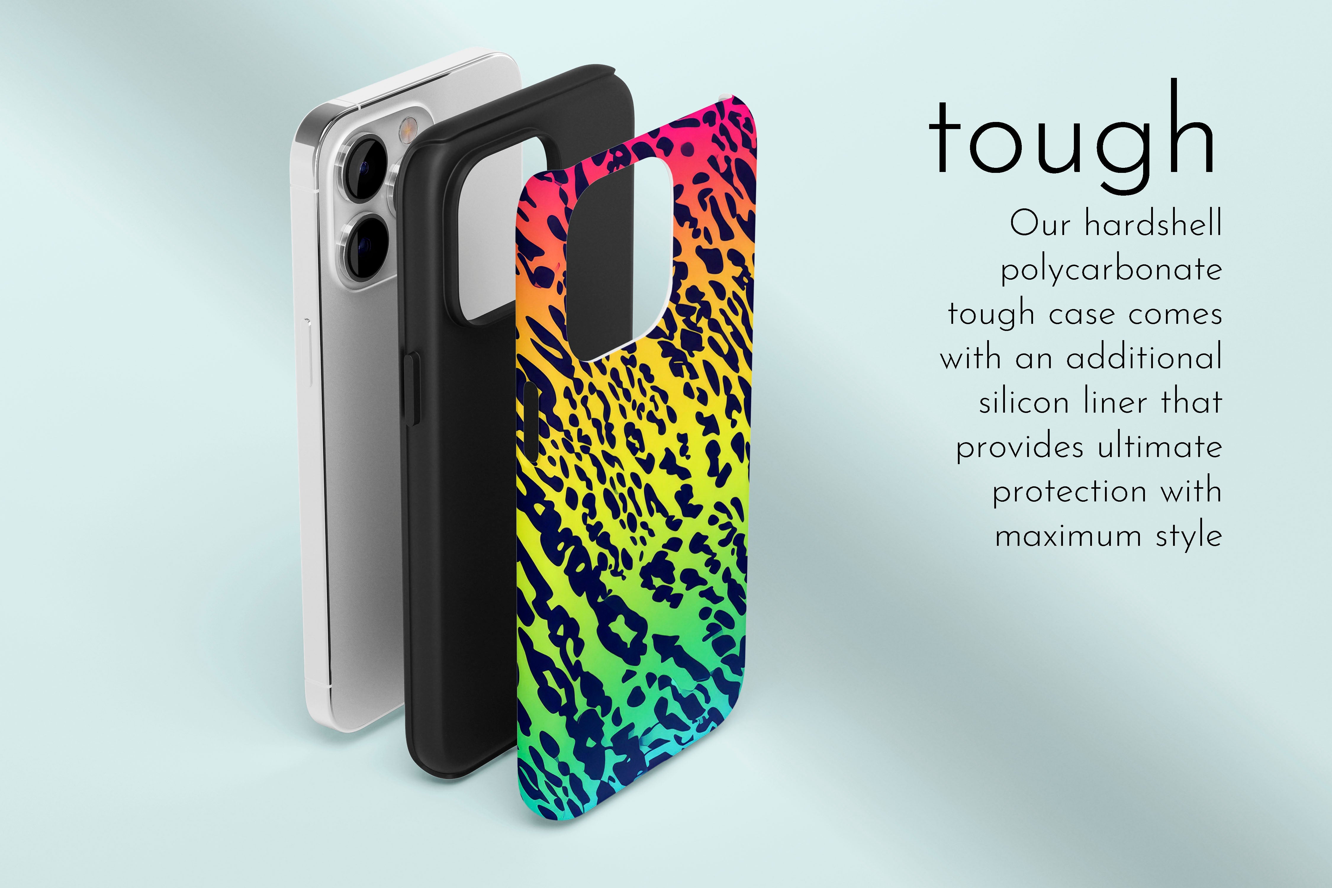 A graphic illustration of our Party Animal design describing the main features of our tough type phone case