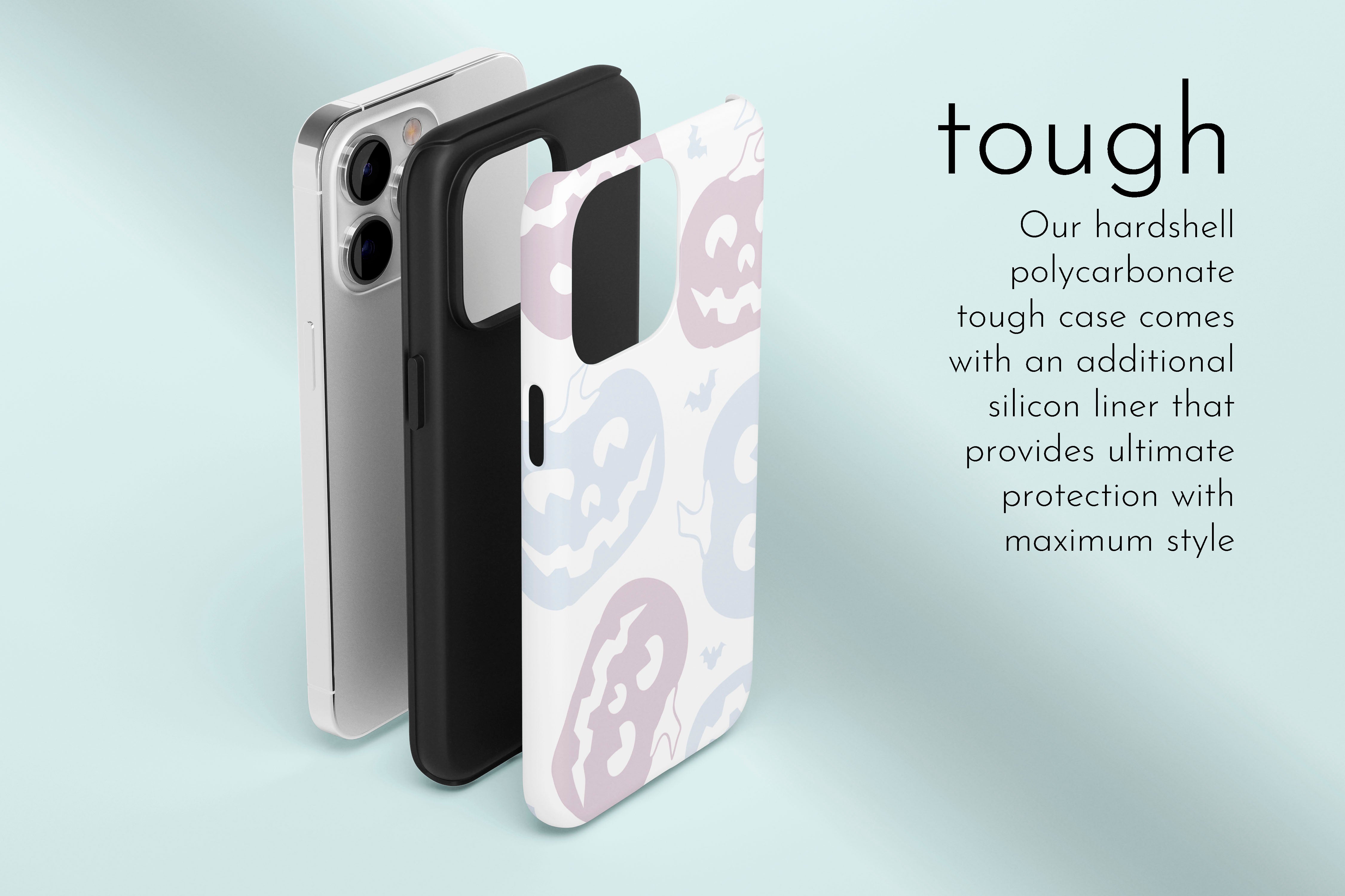 A graphic illustration of our Pastel Pumpkin design describing the main features of our tough type phone case